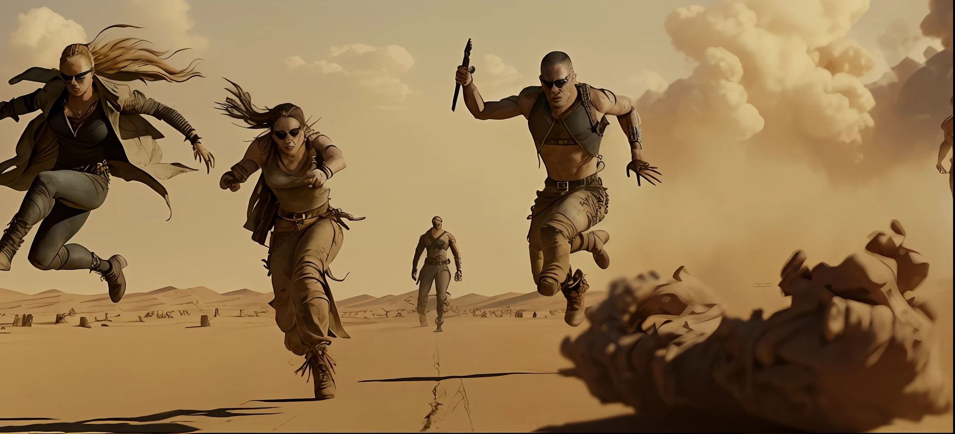 arafed image of a group of people running through a city, action scene from the film, zack snyder cinematography style, mad max fury road style, from the movie mad max fury road, in mad max style, in screenshot from the 300 movie, choreographed fight scene, epic fight scene, crucifixion of conor mcgregor