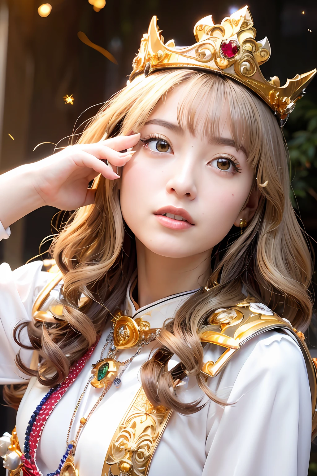 (masutepiece), Professional , masterpiece、top-quality、photos realistic , depth of fields (Gemstone Silver Metal Body:1.9),(Matte White、Particles of light、 Gold Weapon(Jewel Metal Body:1.4),Gorgeous metal weapons , Detailed Sword of the Brave , Beautiful knife ,warhammer 40k , adepta sororitas,Detail and ornate jewel crown、Particles of light、Brown hair、Gangle's forest background、Beautiful Caucasian beauty、1a person、dynamic ungle,(((Detailed and ornate diamond crown)))、Particles of light、Mystical expression、Smaller head、A smile、