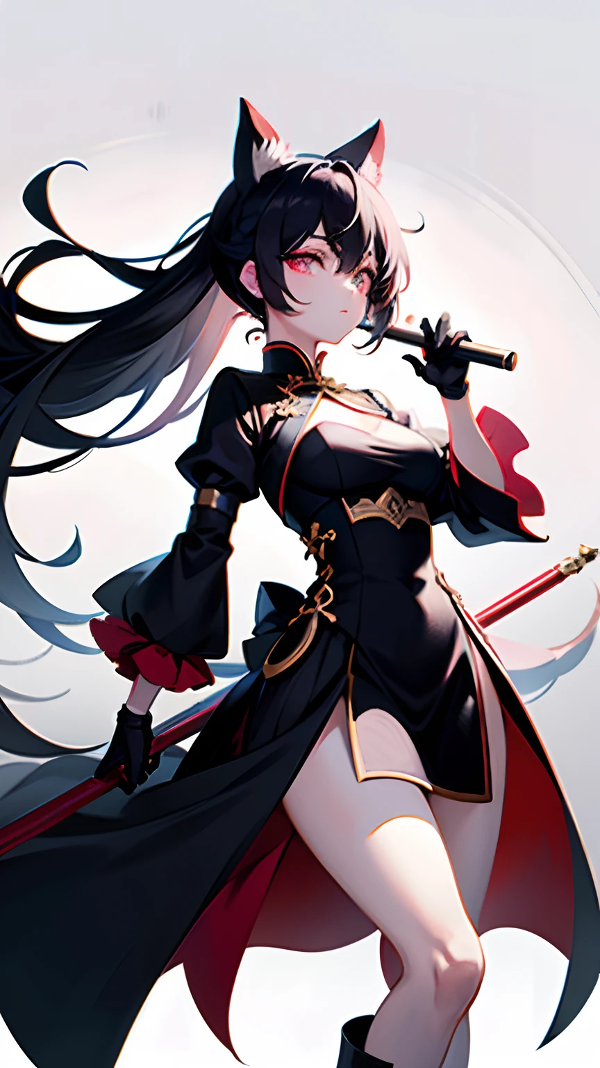 tmasterpiece,Best quality,1个Giant Breast Girl,独奏,looking at viewert,Keep one's mouth shut,mitts,shift dresses,black glove,Separate the sleeves,tmasterpiece, best qualtiy, high high quality, Good lighting, Ray traching, depth of fields, ultra - detailed, illustratio, finedetail, The is very detailed, A high resolution, Medium Shot Shot, Static mirroring stream,red color eyes,Holding a black long sword,Bright weapons,1girll, 独奏, long whitr hair, looking at viewert, By bangs,jewely,Poor milk,The legs are slender, long whitr hair, greyt hair, standing on your feet, 耳Nipple Ring, Boots, black glove, black color dress, Chinese outfit, porcelain,elegant gown, hair stick, Separate the sleeves, hair adornments,White cat ears ,