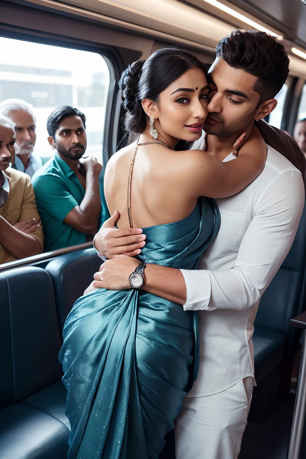 Train crowded several men Holding her from behind and talking in her ear,other men picking her up on their lap,picking her up, Indian saree , 40k, photography, masterpiece, best quality, dark gray background, (1 indian girl blue eyes and blonde hair soon curly, Pooja Hegde's face), big ass full breasts until waiting wearing, (Indian full saree),elderly man leaning against the back picking her up,assorted poses.