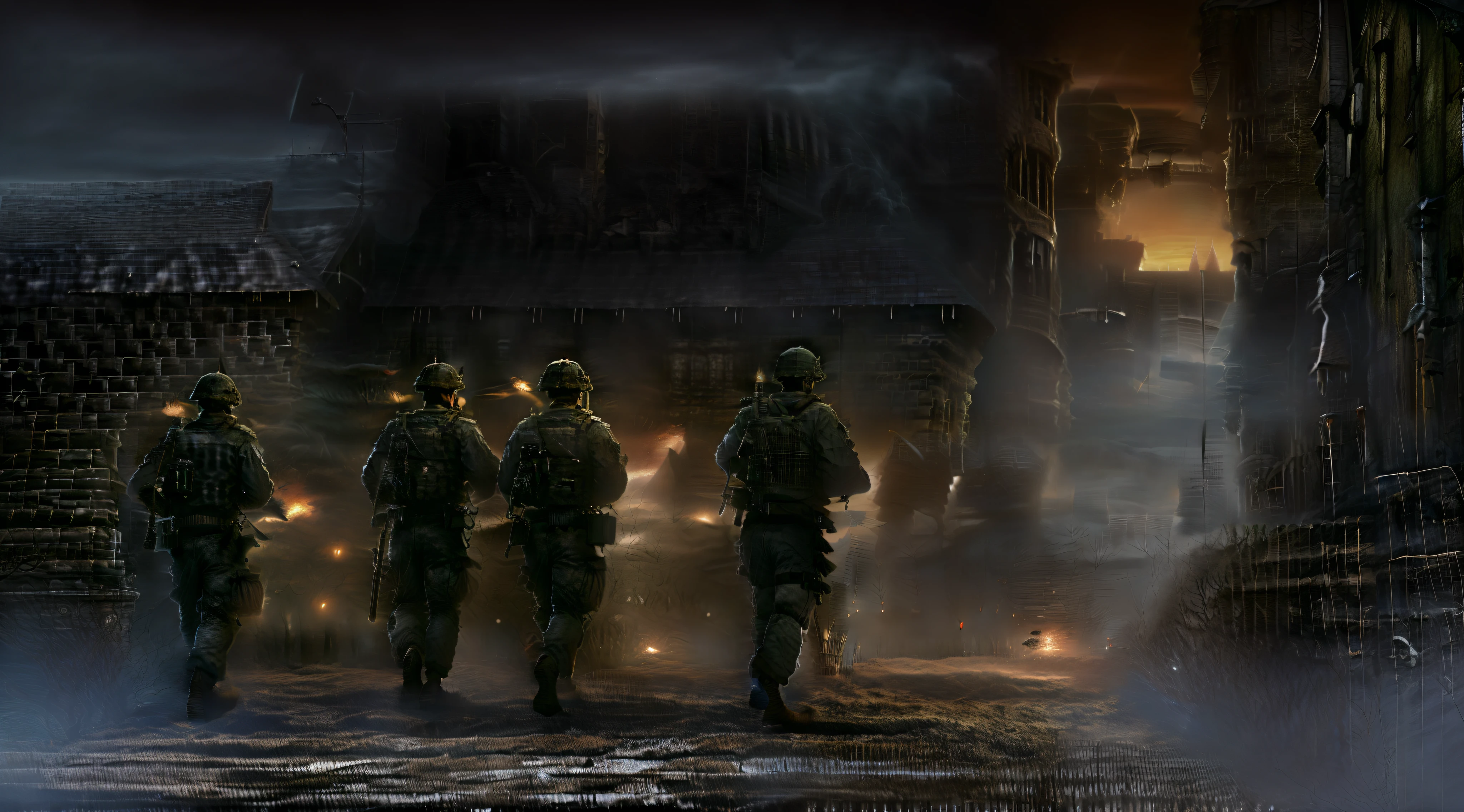 Uniformed soldiers walk through the city streets, soldiers charging in, soldiers charging the enemy,The surrounding buildings are lit up，cannon fire，nigth，Large force support，High quality，The content is detailed