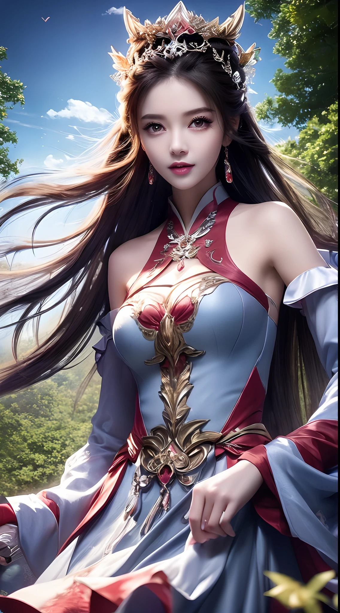 8k ultra hd, mastermiece, a girl, good face, detailed, eyes, beautiful lips, very hong hair, spreading hair, medium breasts, wedding dress, black dress, in the park, flying birds, blowing winds, clear weather, sitting on the rock, whole body capture,