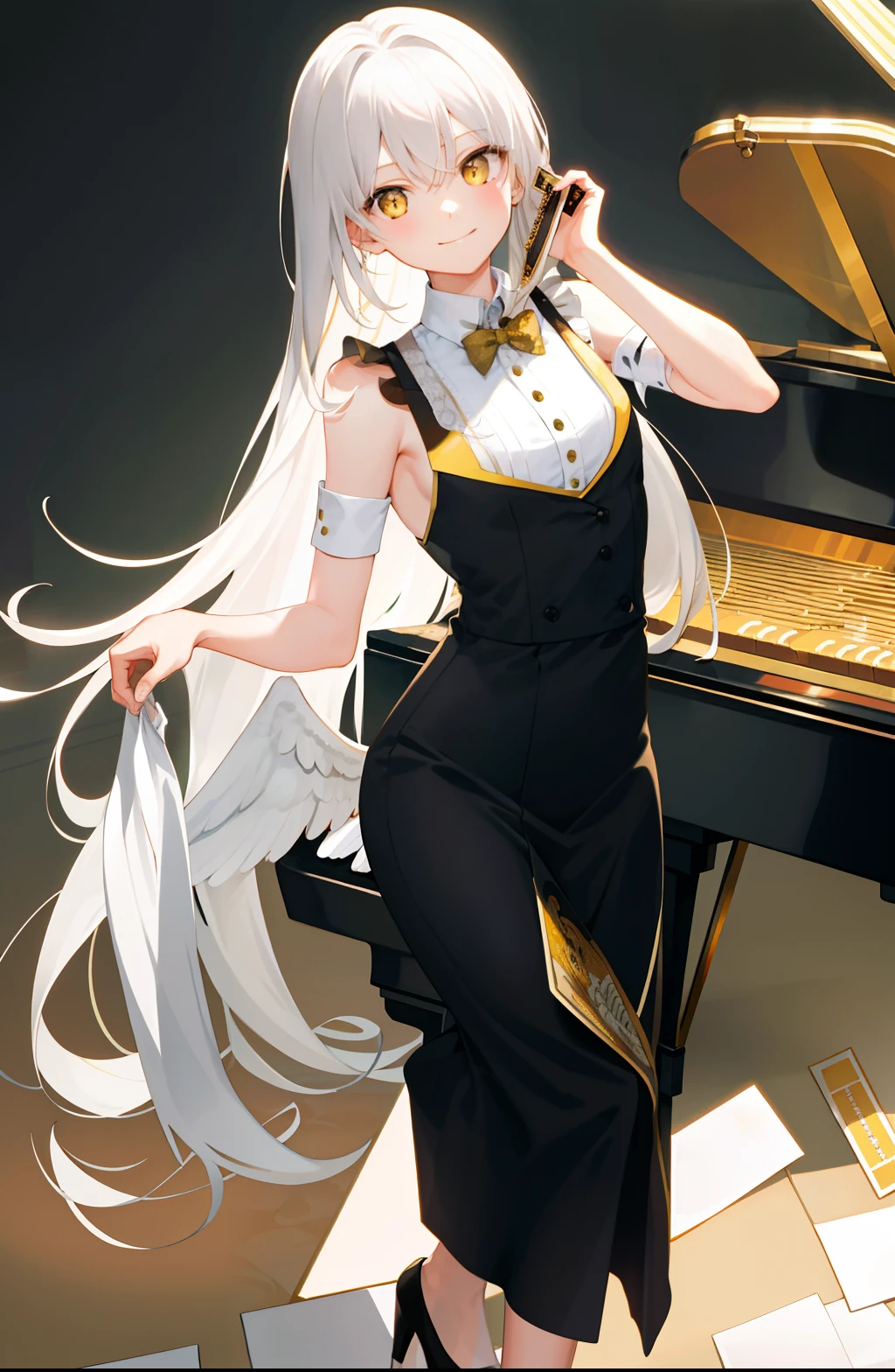 Masterpiece, Best quality,Grace Tyler, White hair, fake smile , Yellow eyes, Long hair, Small breasts, (clothes, Clothing :1.4 ) ,  holding card, posing on a, 

Bare arms,  (废墟),((( angle of view ))), view the viewer, ( A piano ), sfv