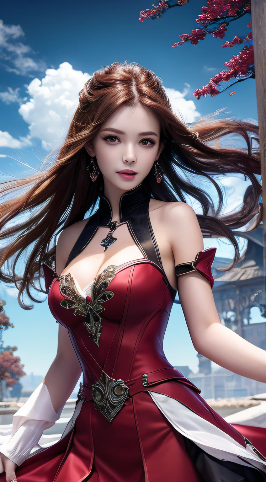 8K Ultra HD, Mastmis, A girl, Good face, Detailed, Eyes, Beautiful lips, Very red hair, dishiveredhair, Medium breasts, Wedding dress,
Black dress, In the park, Flying birds, blows wind, clear weather, Full body capture,