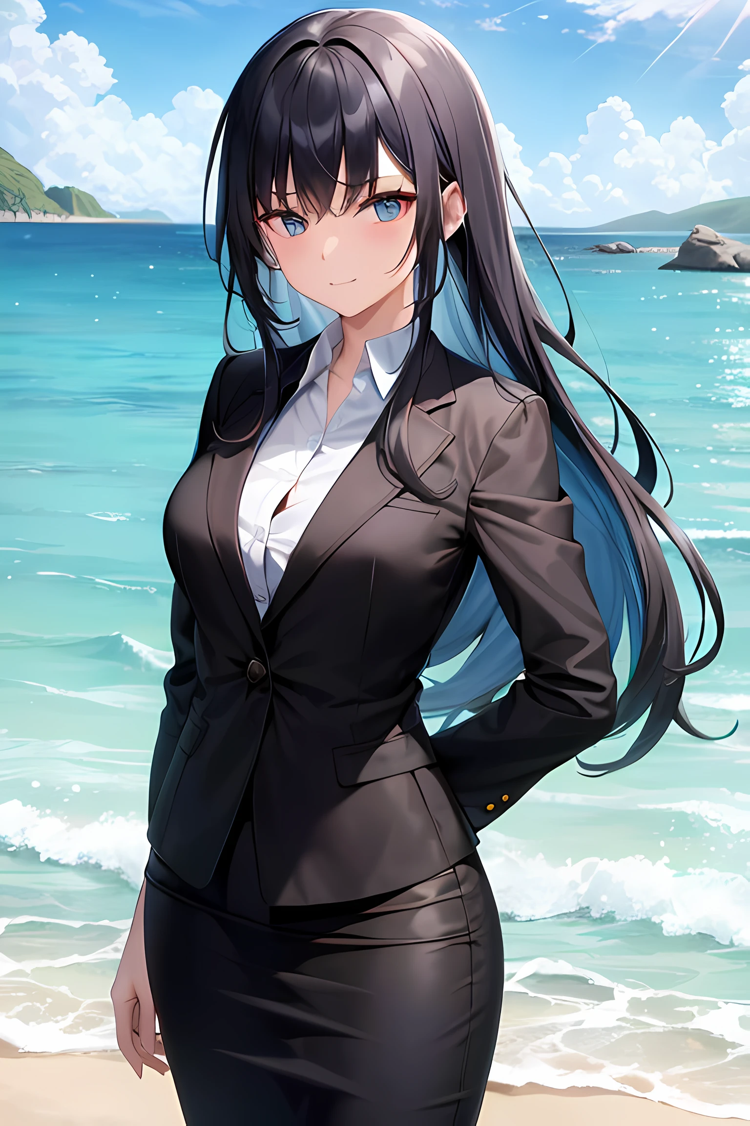 1girl, suit, beach background, office lady, black skirt, black blazer, pencil skirt, long hair, blue hair, light blue eyes, short smile, teenager,