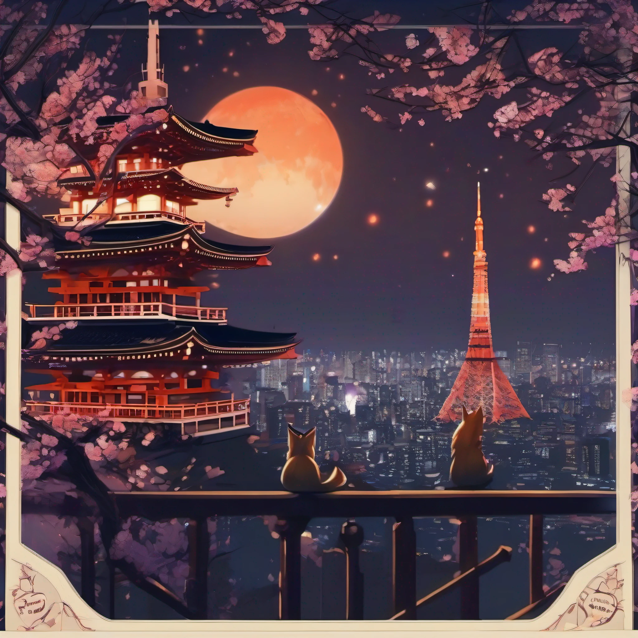 ((nighttime scene)+(Tokyo Tower))Inserting a into the、climb+(foxes:1.2)