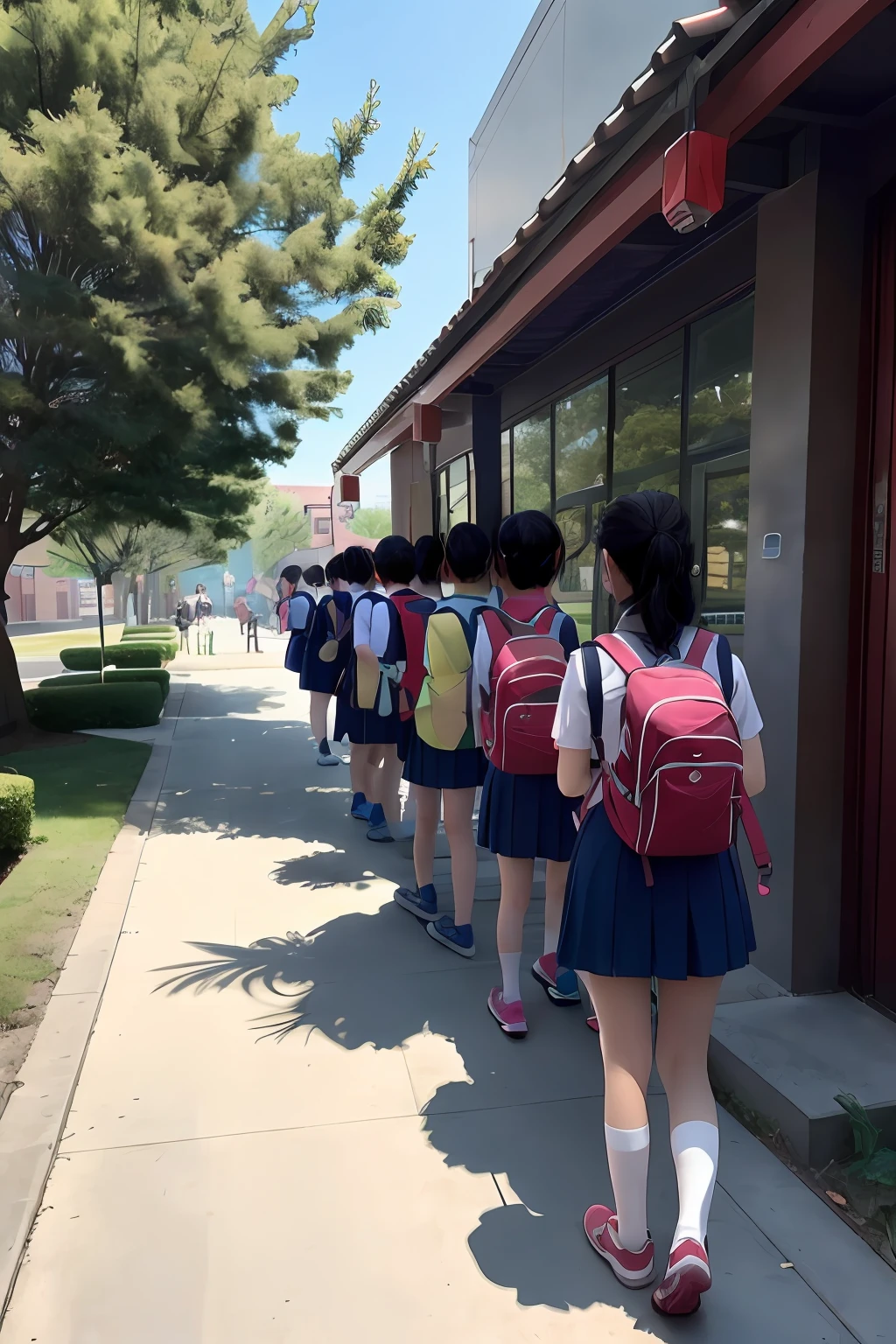 A group of girls in school uniforms stand outside a building, in line, taken on iphone 1 3 pro, taken on iphone 14 pro, seifuku, Wearing a Chinese school uniform, taken on iphone 1 3 pro, shot with iphone 1 0, in school hallway, shot on iphone 1 3 pro max, Japan High School, CW