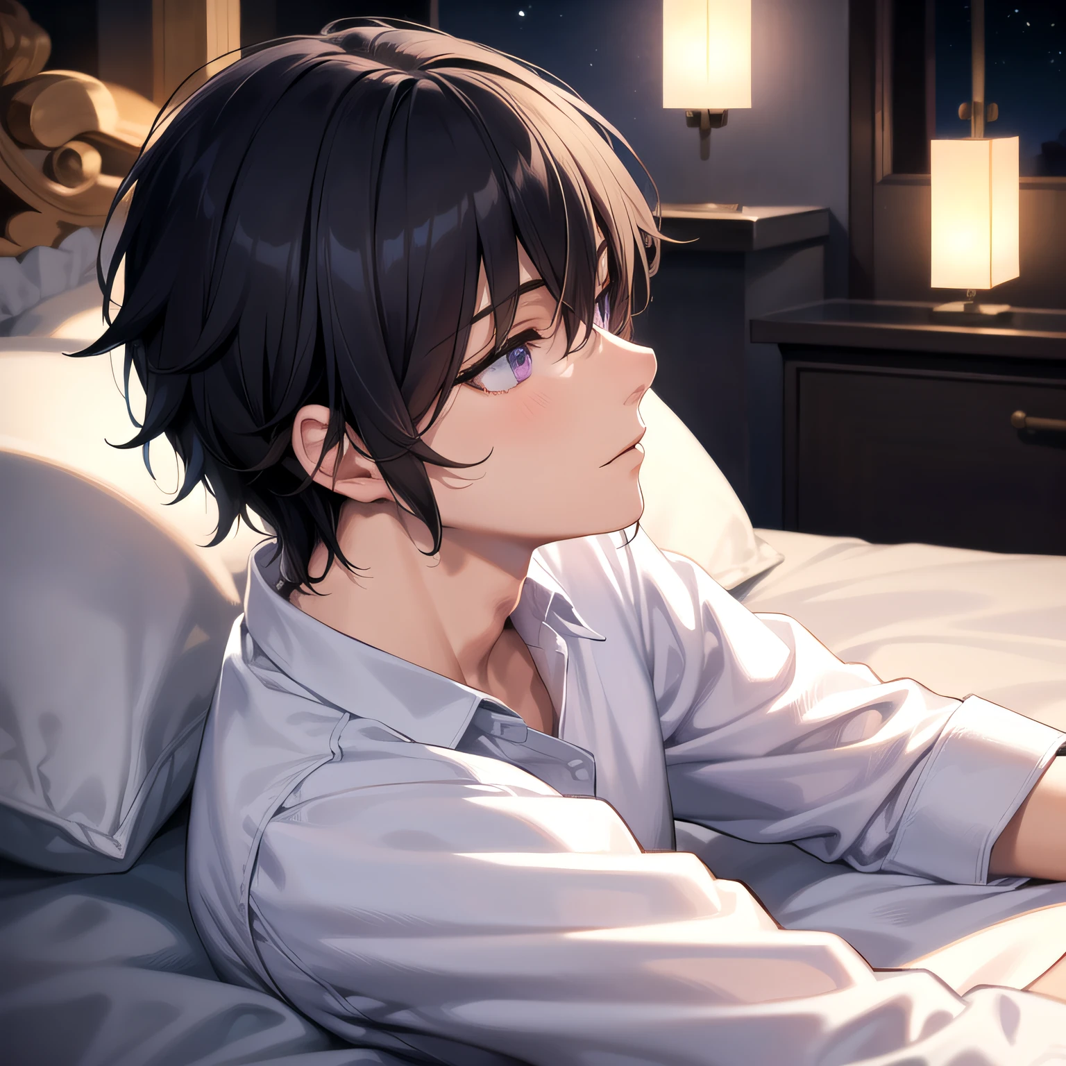 styles, masterpiece, top-quality, solo man,Special details, illustratio,a bed,natta, At night,Profile of a man with black hair,Purple eyes,