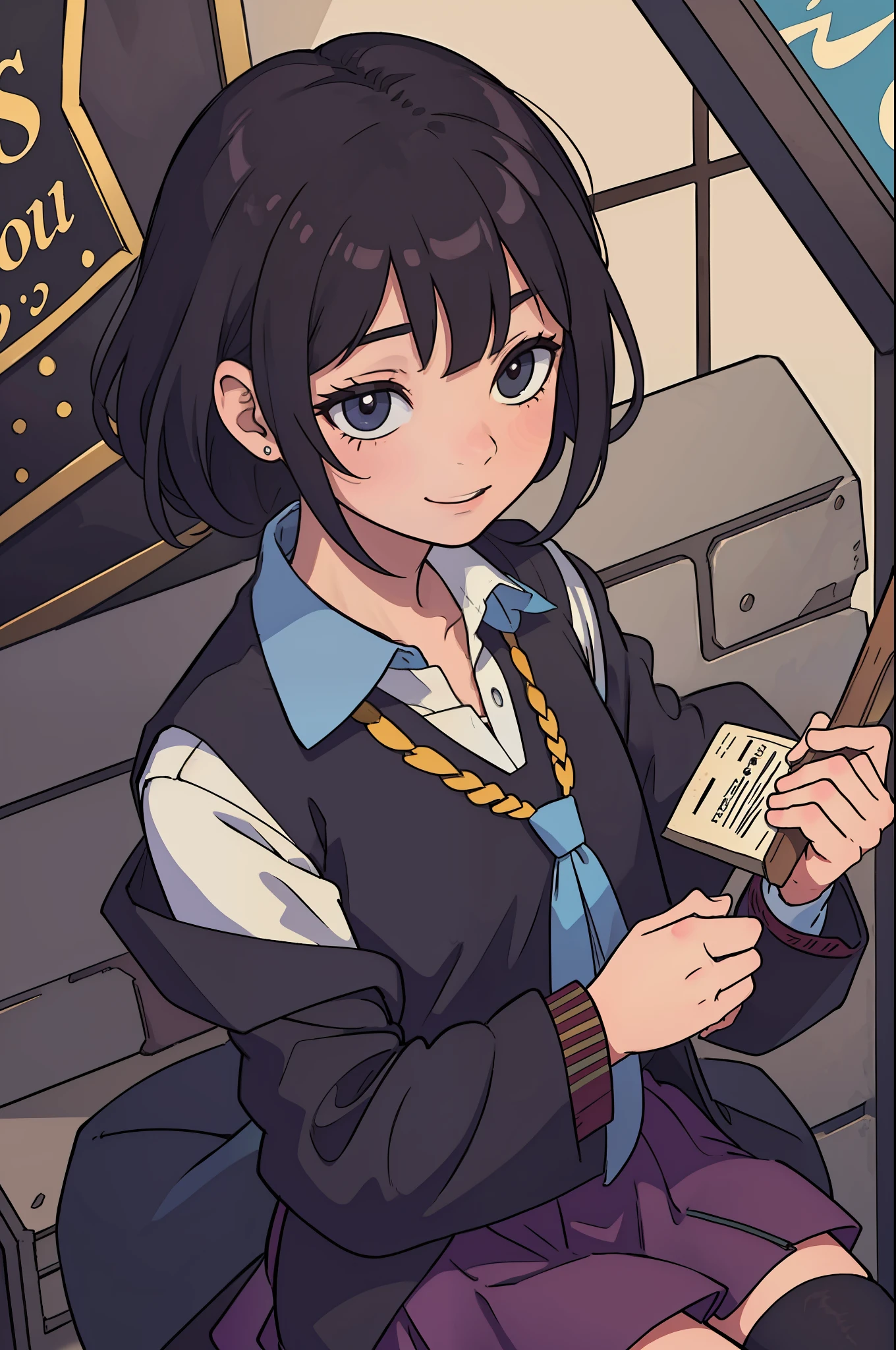 a pregirl,high school senior,ssmile,校服,cabelos preto e longos,Masterpiece,high qulity,magia,Harry potter,School of Magic