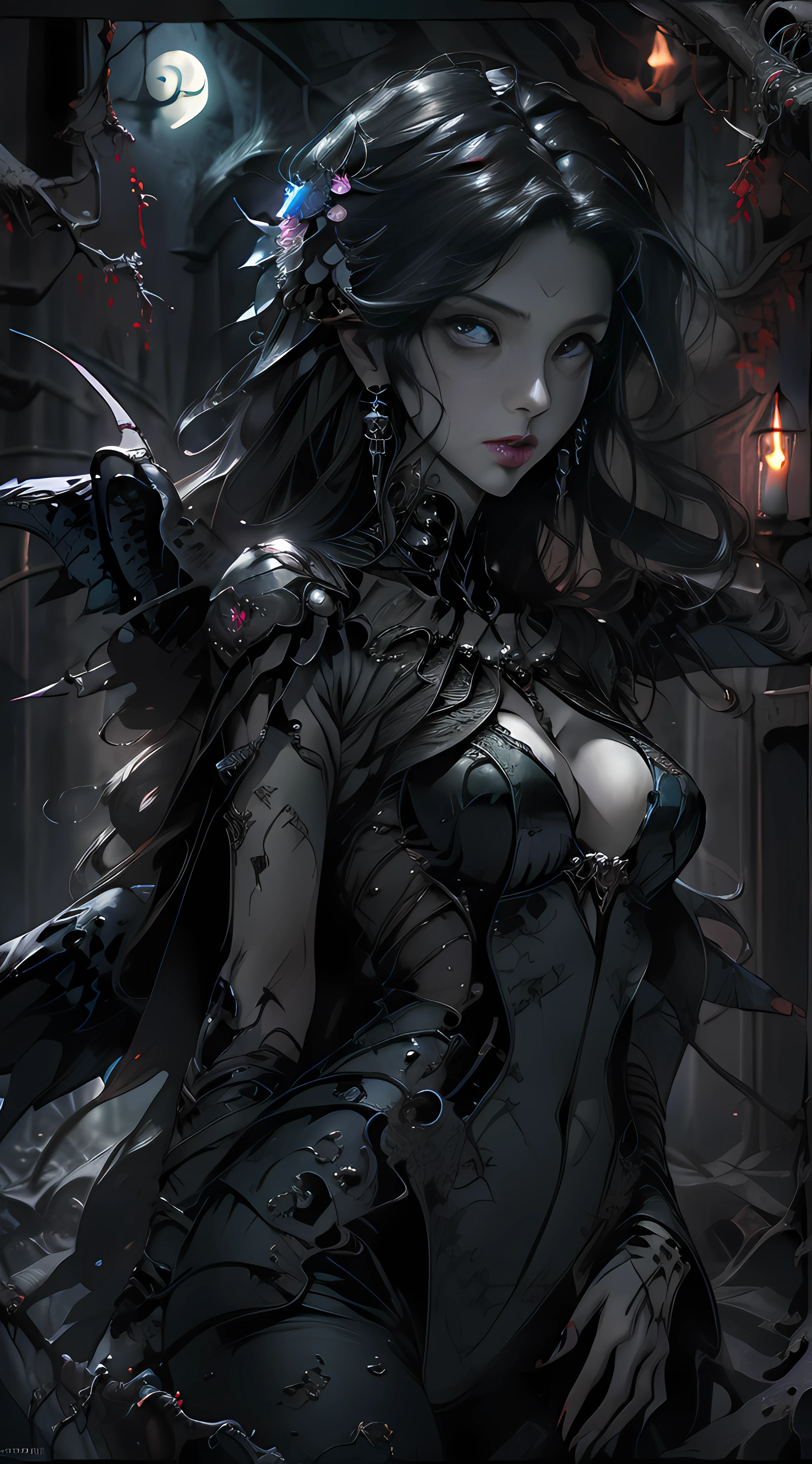 Fine matte painting, skeleton dark angel big wings haunted castle on drawing table full of knives, horror, spookiness, scary, secret horror, tentacles, vines, eyes, uncanny valley effect teeth, limbs, animals, blood moon