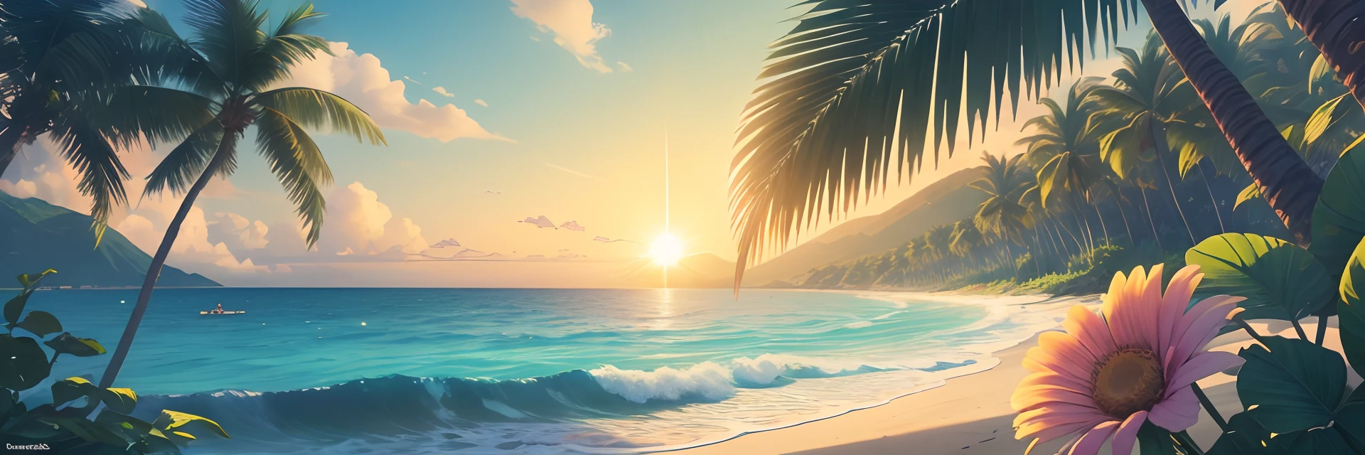 Nature, relaxing, peace ,beach, flower, summer , fresh, sun, happy , warm, sunny weather ,sky, sunny, colorful, happy and happy summer vacation, simple picture, close-up, brilliant sunshine, distant waves, visual impact, 3D DreamWorks style,