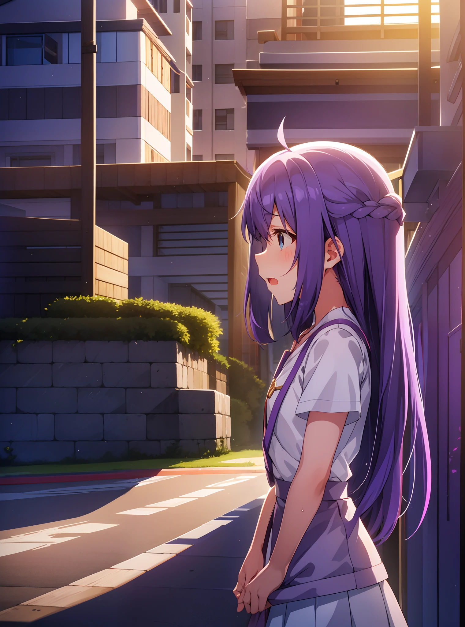 mochizuki anna,1girl in,Solo,Long hair,Purple hair,Medium chest.Ahoge,Blue eyes.Short stature.white t-shirts.suspenders.Skirt.Evening glow.the setting sun.Despair face.Sweat.Opening Mouth.up chest.Looking from the side