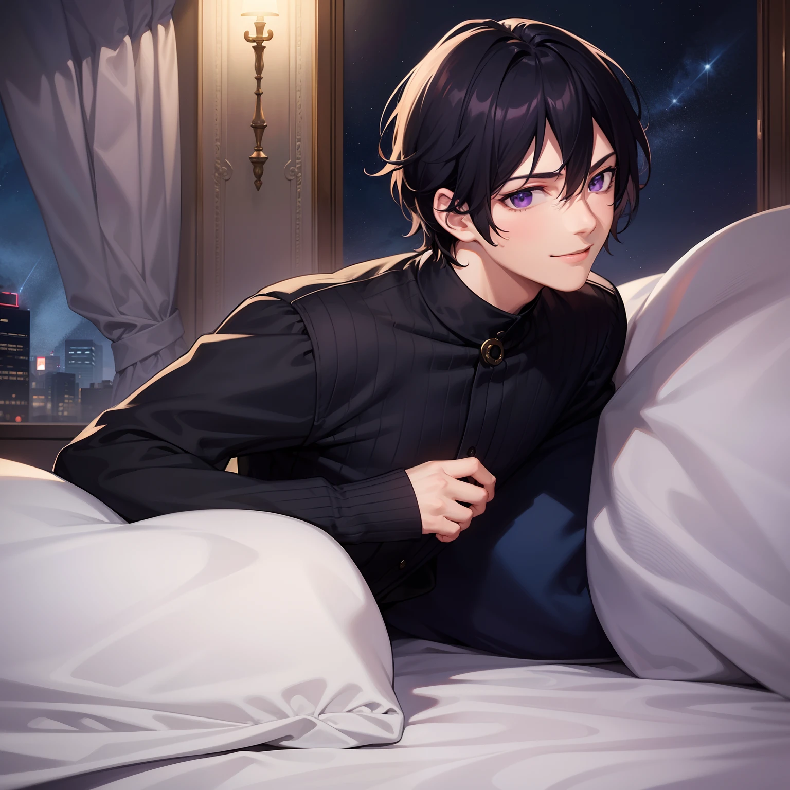 styles, masterpiece, top-quality, solo man,Special details, illustratio,a bed,natta, At night,Profile of a man with black hair,Purple eyes,look at front,smile