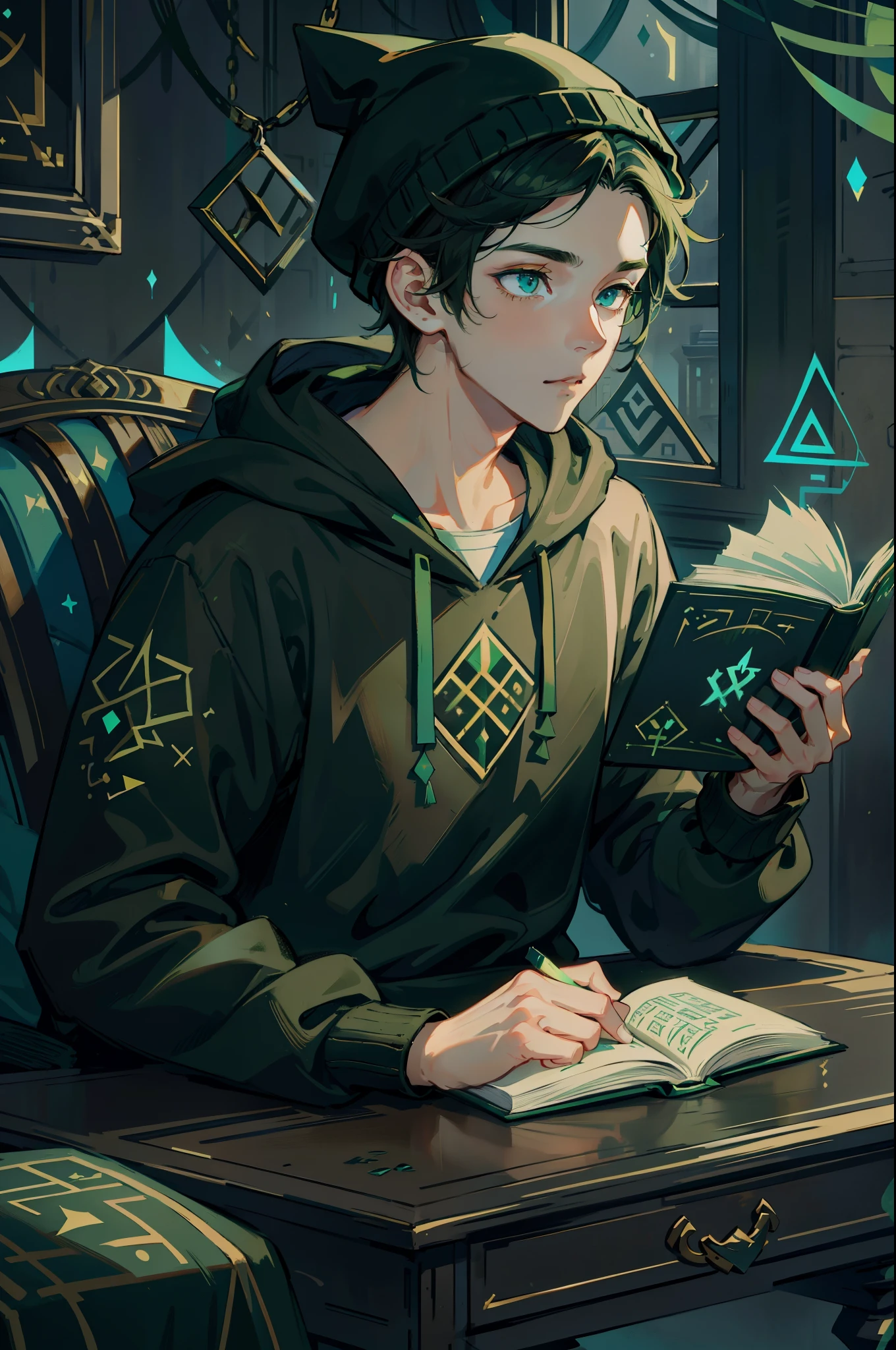 1 Boy, Perfect Face, Perfect eyes, Master Piece, highly detailed, Sitting at desk reading a book next to window, Moonlight highlights everything, wearing black hoodie, Green Beanie, black hair, Joggers black, Green and Blue Runes on Book cover, Runes Floating out of open book