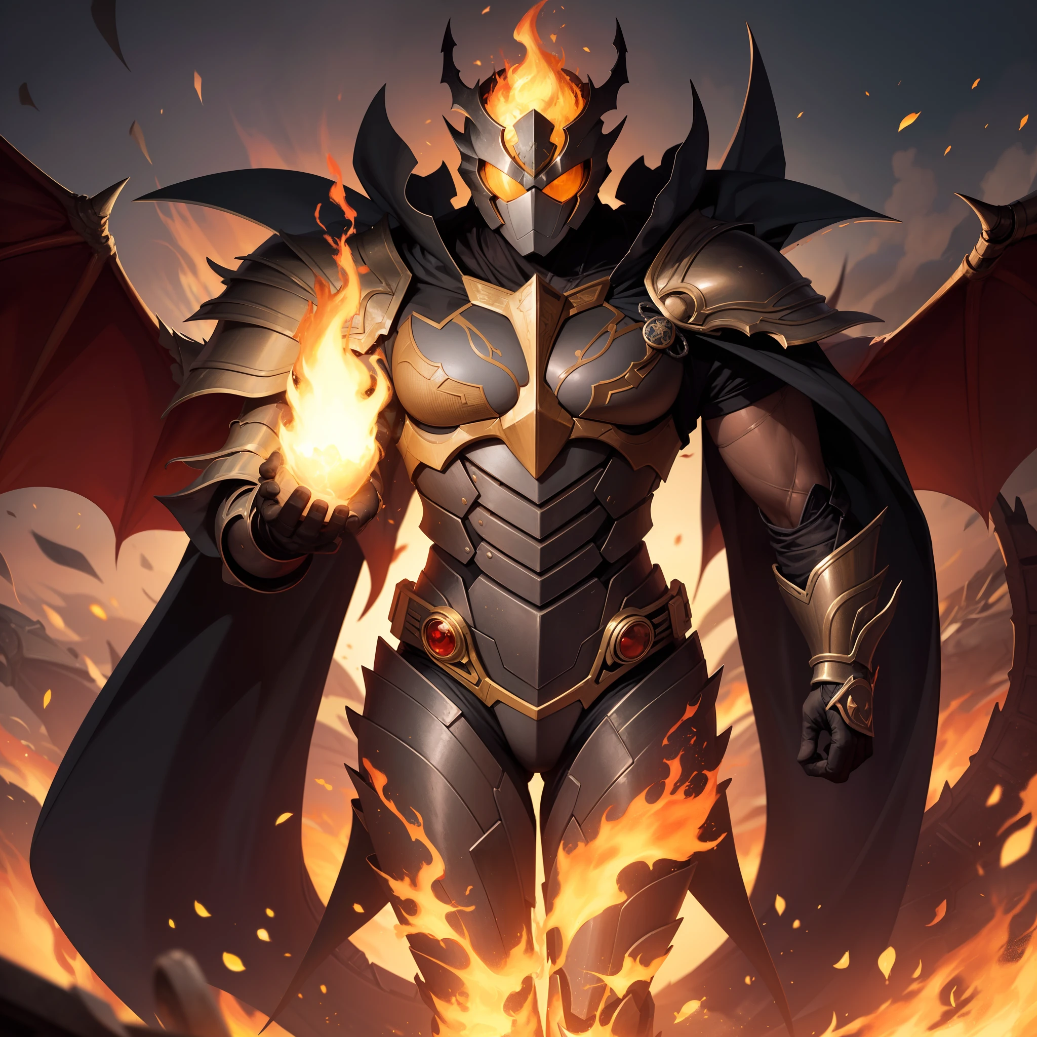 ((best qualtiy)),((tmasterpiece)),((the detail)),karo,Domineering,Kamen Rider,Surrounded by flames,Mechanized armor,Cloak,Characteristics of dragons,giant sword。