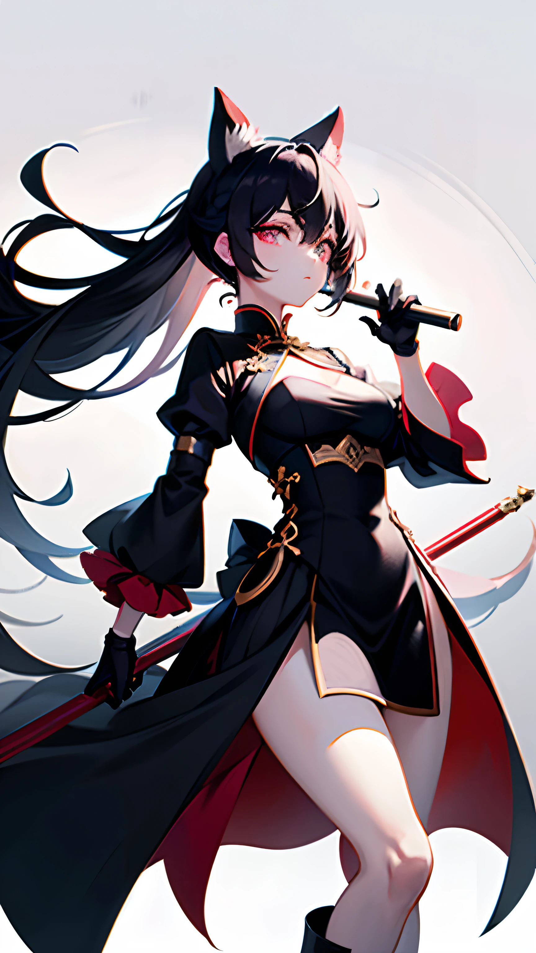 tmasterpiece，Best quality，1个Giant Breast Girl，独奏，looking at viewert，Keep one's mouth shut，mitts，shift dresses，black glove，Separate the sleeves，tmasterpiece， best qualtiy， high high quality， Good lighting， Ray traching， depth of fields， ultra - detailed， illustratio， finedetail， The is very detailed， A high resolution， Medium Shot Shot， Static mirroring stream，red color eyes，Holding a black long sword，Bright weapons，1girll， 独奏， long whitr hair， looking at viewert， By bangs，jewely，Poor milk，The legs are slender， long whitr hair， greyt hair， standing on your feet， 耳Nipple Ring， Boots， black glove， black color dress， Chinese outfit， porcelain，elegant gown， hair stick， Separate the sleeves， hair adornments，White cat ears ，