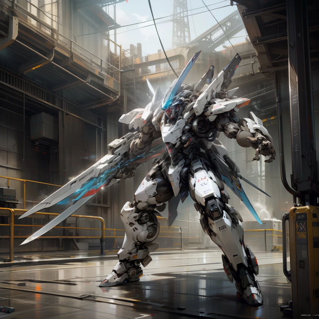 Extrem fight, swords, black mech, white mech, huge, small building in background, fusion cores, realistic building, hyper realistic, hyper detailed