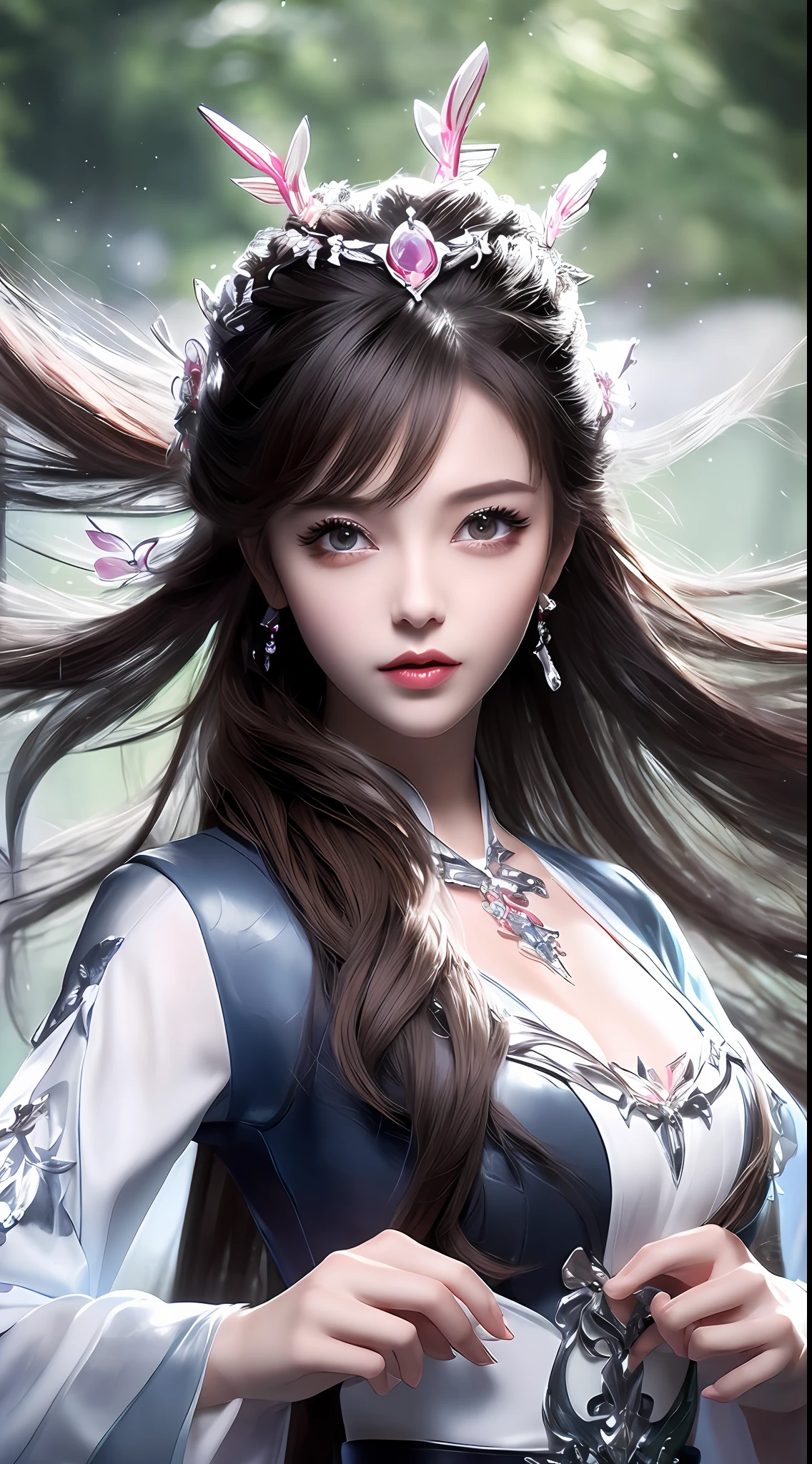 8k ultra hd, mastermiece, a girl, good face, detailed, eyes, beautiful lips, very hong hair, spreading hair, medium breasts, wedding dress, black dress, in the park, flying birds, blowing winds, clear weather, sitting on the rock, whole body capture,