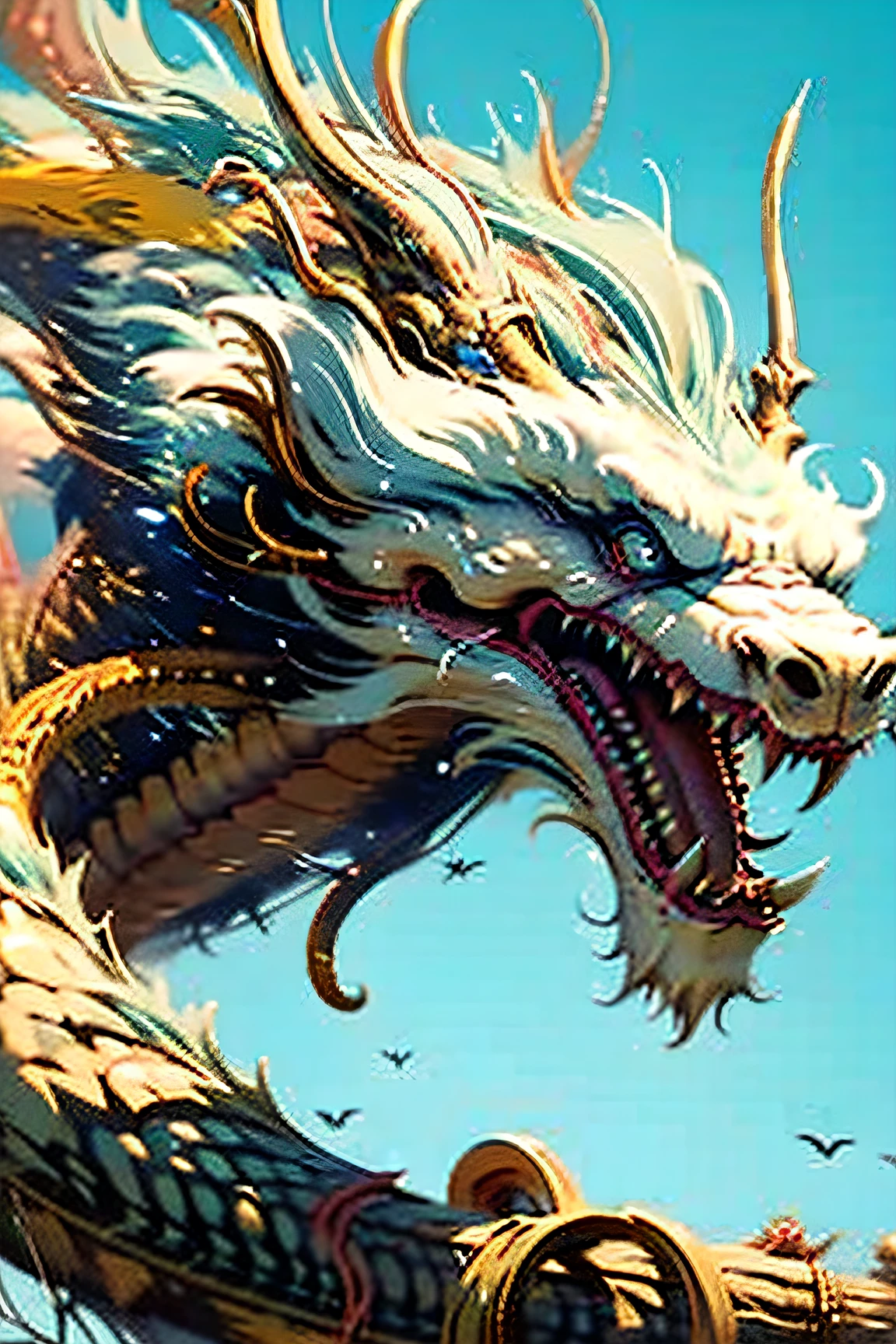 The best picture quality，tmasterpiece，超高分辨率，without humans，drak，with her mouth open，dentes pontiagudos，fly，fang，blue-sky