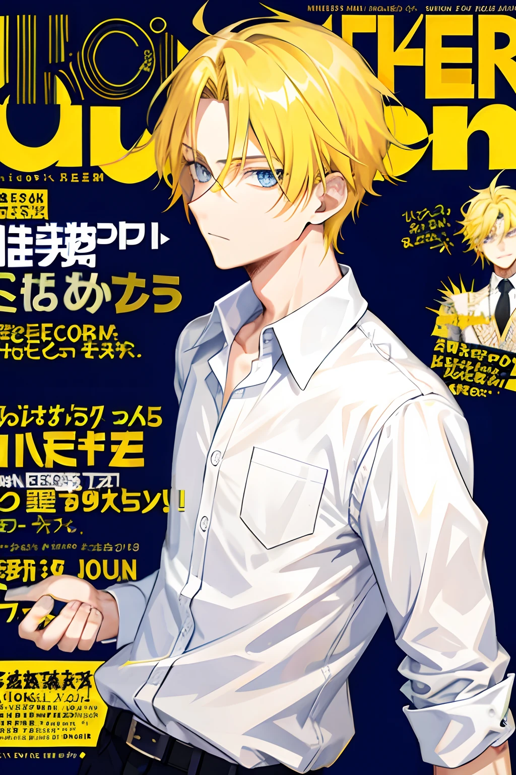 1 boy,cool guy,Yellow-haired,comma hair,Forehead comma hair,Street style,shiny,eBlue eyes,looking at viewert,The upper part of the body,MagazineCover