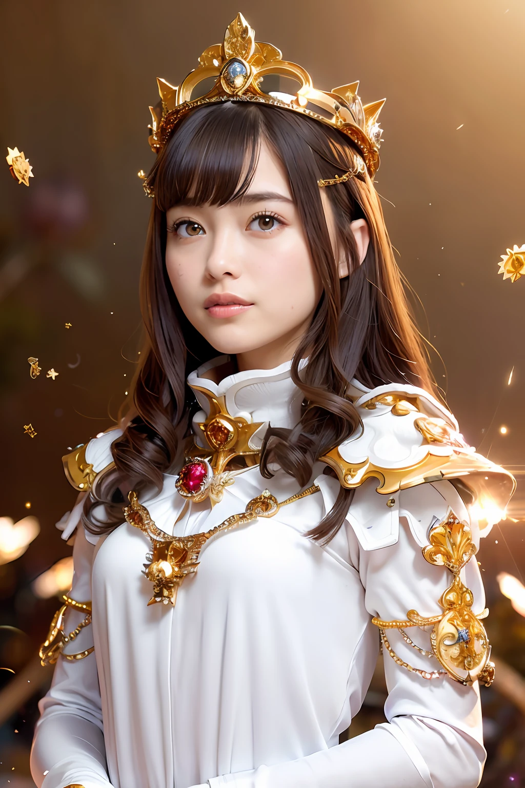 (masutepiece), Professional , ​masterpiece、top-quality、photos realistic , depth of fields （Gemstone Silver Metal Body:1.９),(Matte White、Particles of light、Jewel Gold Weapon（Jewel Metal Body:1.４),Gorgeous metal weapons , Detailed Sword of the Brave , Beautiful knife   ,warhammer 40k , adepta sororitas,Detail and ornate jewel crown、Particles of light、Brown hair、Gangle's forest background、Beautiful Caucasian beauty、１a person、dynamic ungle,(((Detailed and ornate diamond crown)))、Particles of light、Mystical expression、Smaller head、A smile、
