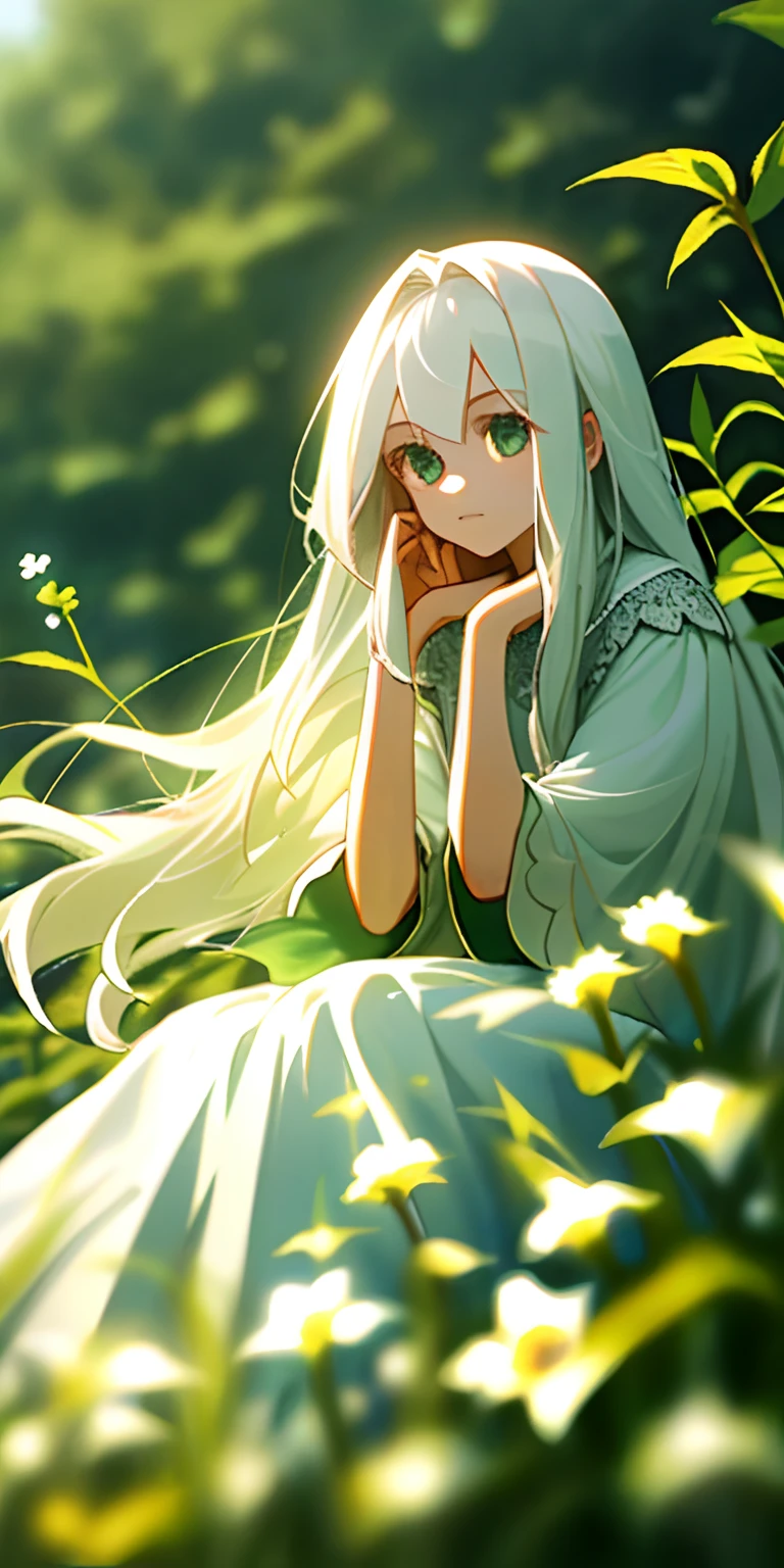 (masterpiece, best quality),1girl with long white hair sitting in a field of green plants and flowers, her hand under her chin, warm lighting, white dress, blurry foreground
