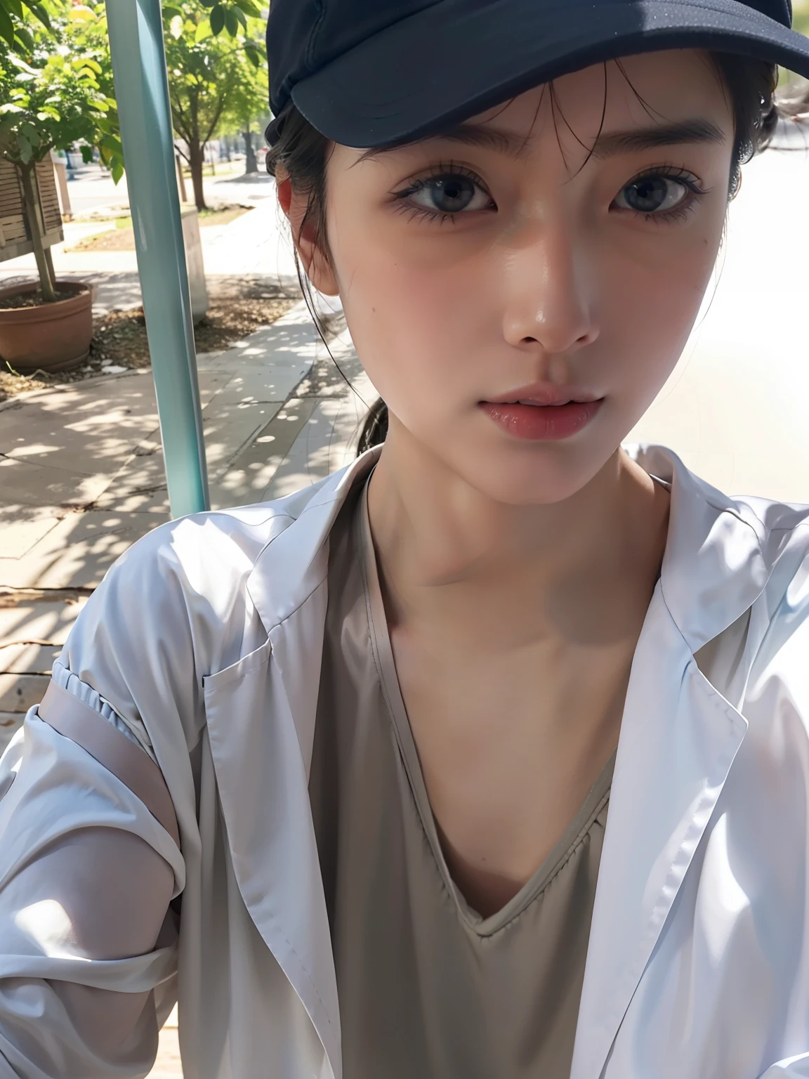 Ultra-realistic capture, Highly detailed, High resolution 16k close-up of human skin. Skin texture must be natural, With such detail that pores can be finely identified. Skin should look healthy, In a uniform tone. Use natural light and color、1 cute girl with semi-long、Beautie、Wearing sportswear