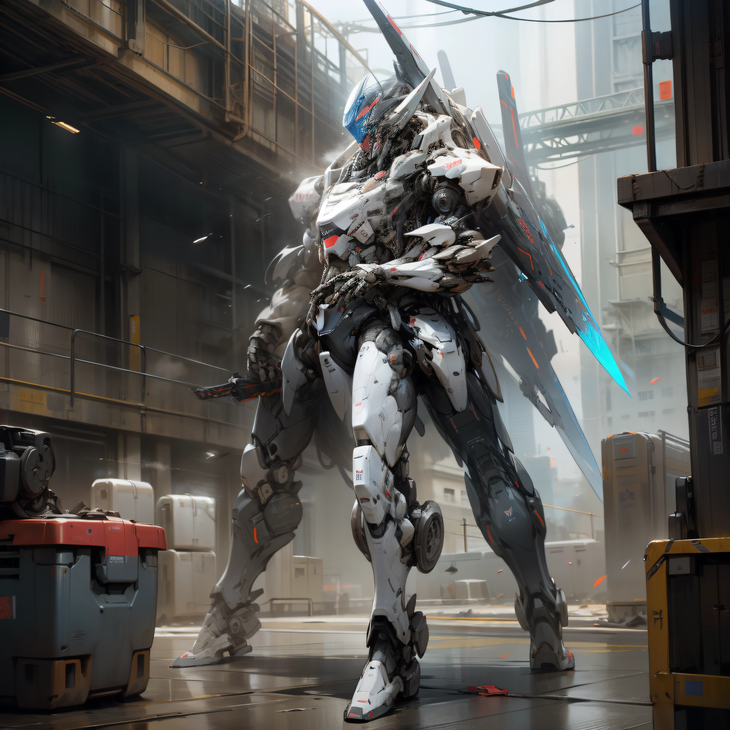 Extrem fight, swords, black mech, white mech, huge, small building in background, fusion cores, realistic building, hyper realistic, hyper detailed