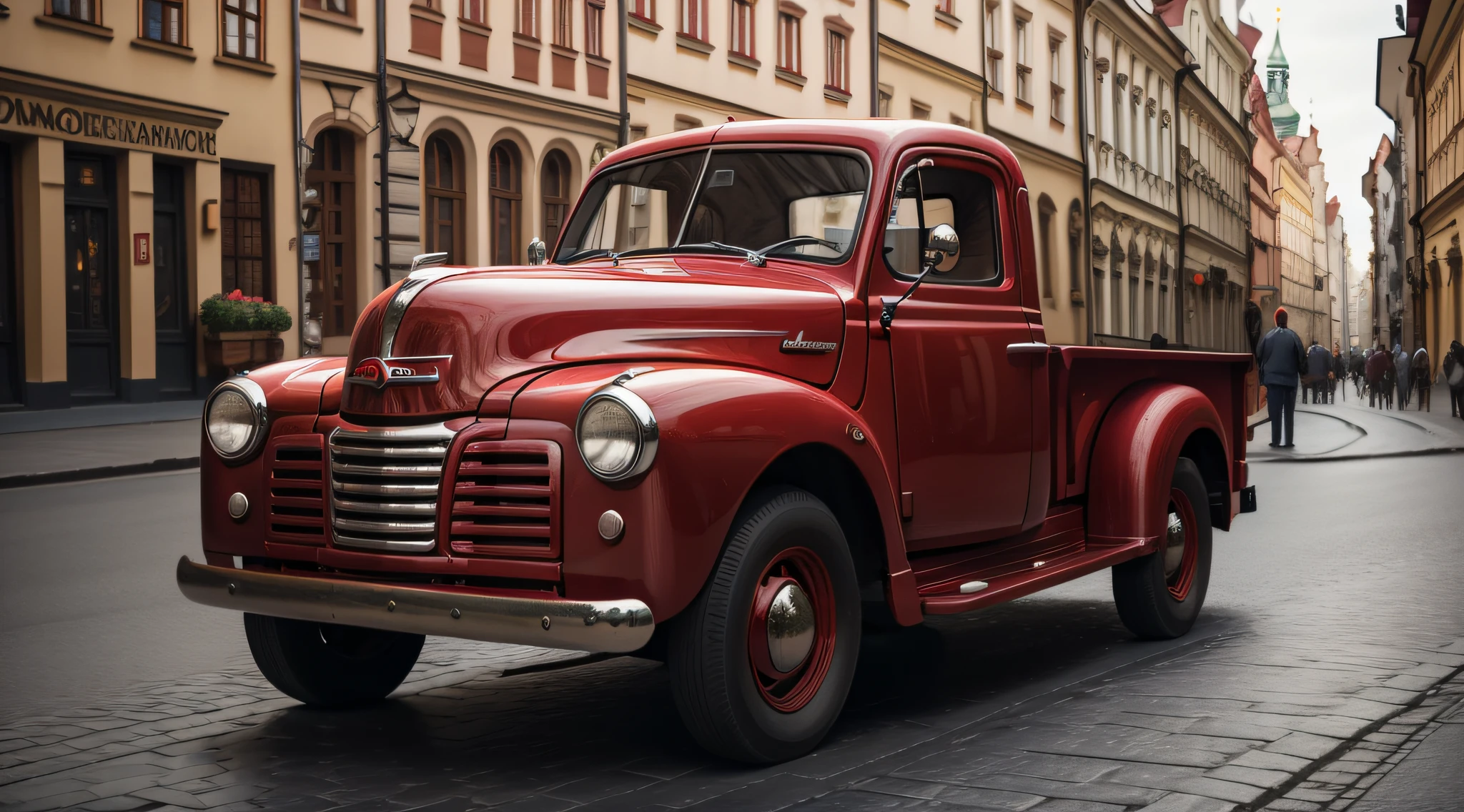 full figure distance picture of an nice polished 1950 European red small truck in an Prague street, highly detailed photography style, intricated details, cinematic lighting, contrast lighting, dslr, insanely intricate details, amazing fine detail, hyper detailed, sharp focus, ultra high res