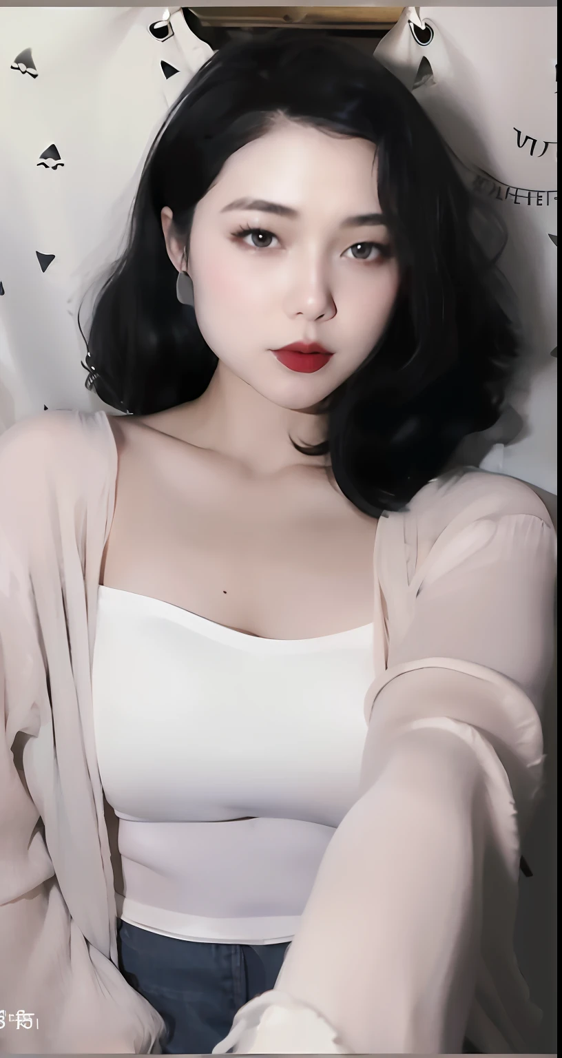 Woman in white transparent clothes,A woman with perfect facial features,Seductive eyes,Straight breasts,Bigboobs,Fine fine skin,perfect body figure,Complete the lower body of the character,Wear skinny jeans。Perfect image quality,high qulity,Beautuful Women,Beautuful Women,Light lipstick,European eyebrows,Perfect Chinese woman,big breasts thin waist,nabel,huge tit,