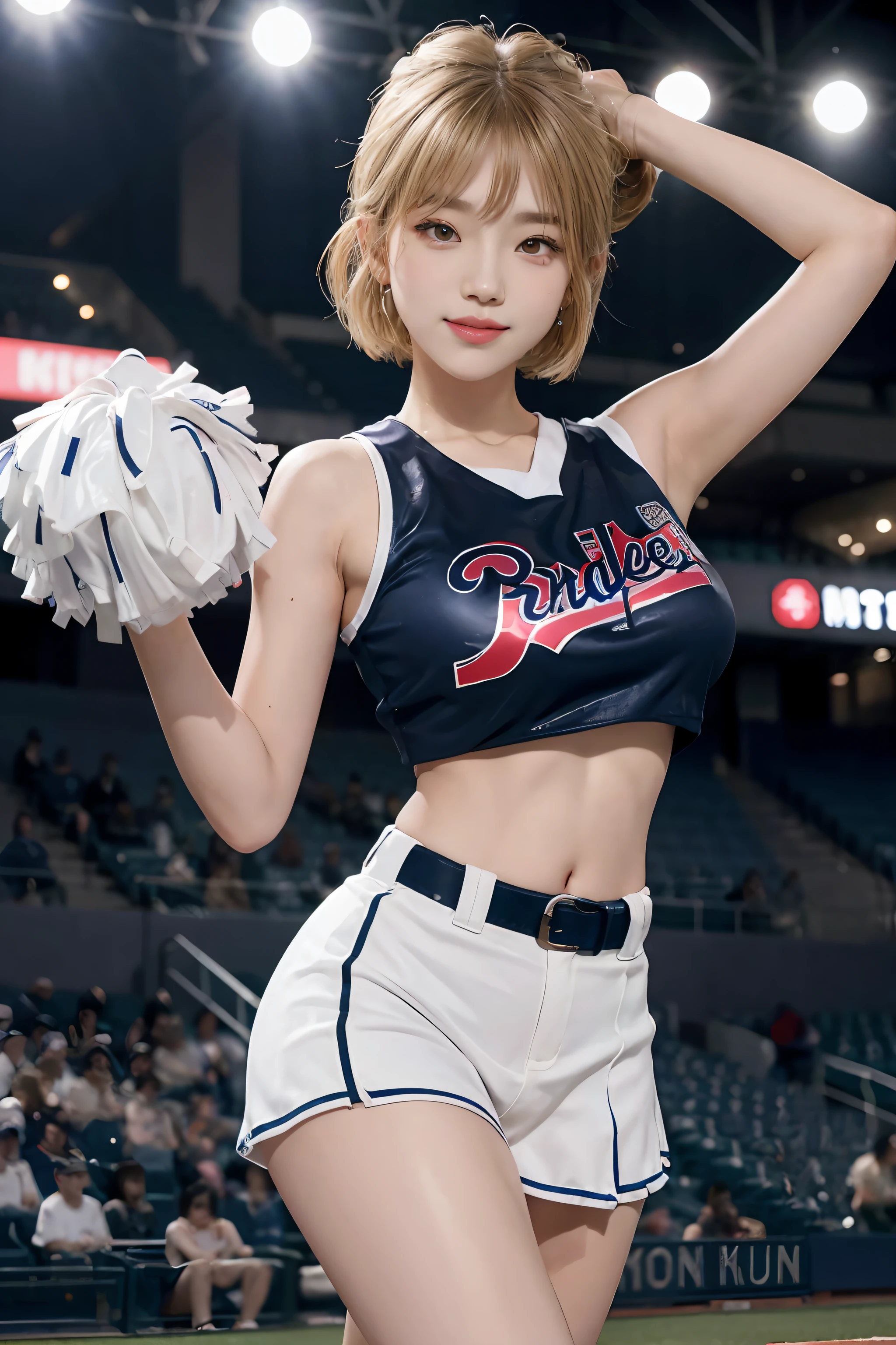 17-year-old cool Korean, Big round breasts, Breastbone, cheerleader, baseball team cheerleader, sskirt, Eyes with beautiful details, eyeslashes, beautiful double eyelids, Eyeshadow, Slit eye, perfect eye makeup, seductive smile smugly, Beautiful thin legs, light blonde, bob cuts, pony-tail, various hairstyles, earings, Stand in the baseball arena at night, Underwear visible