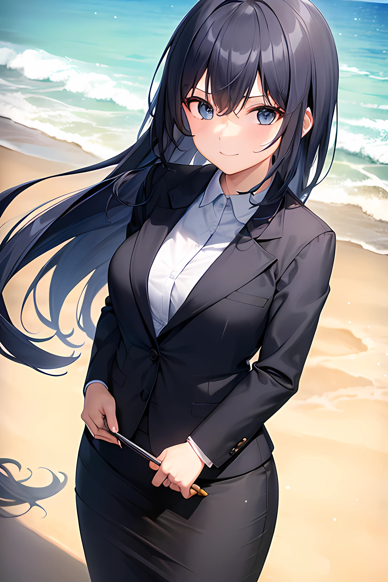 1girl, suit, beach background, office lady, black skirt, black blazer, pencil skirt, long hair, blue hair, light blue eyes, short smile, ager,