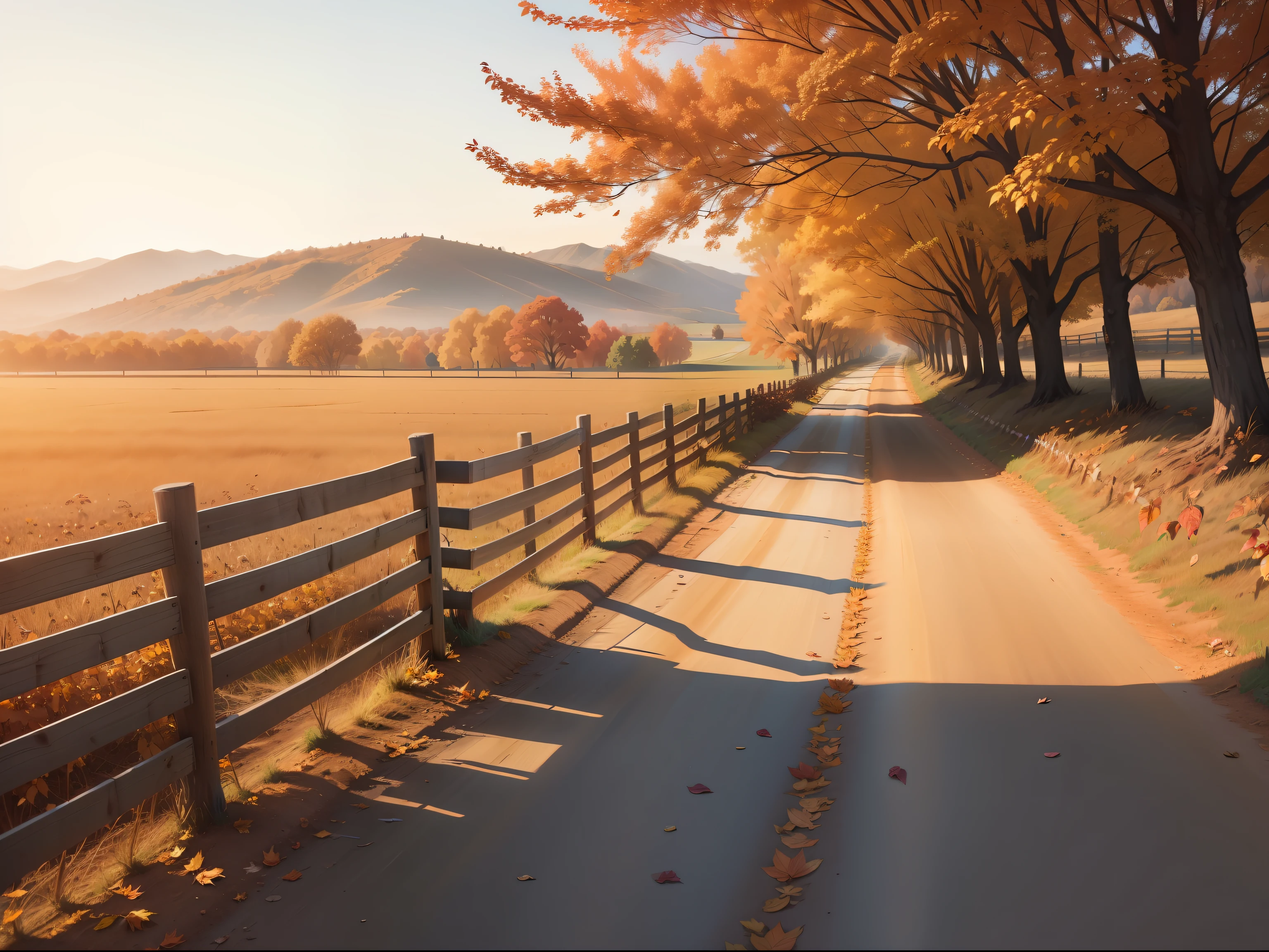 Countryside dirt roads autumn fallen leaves fences