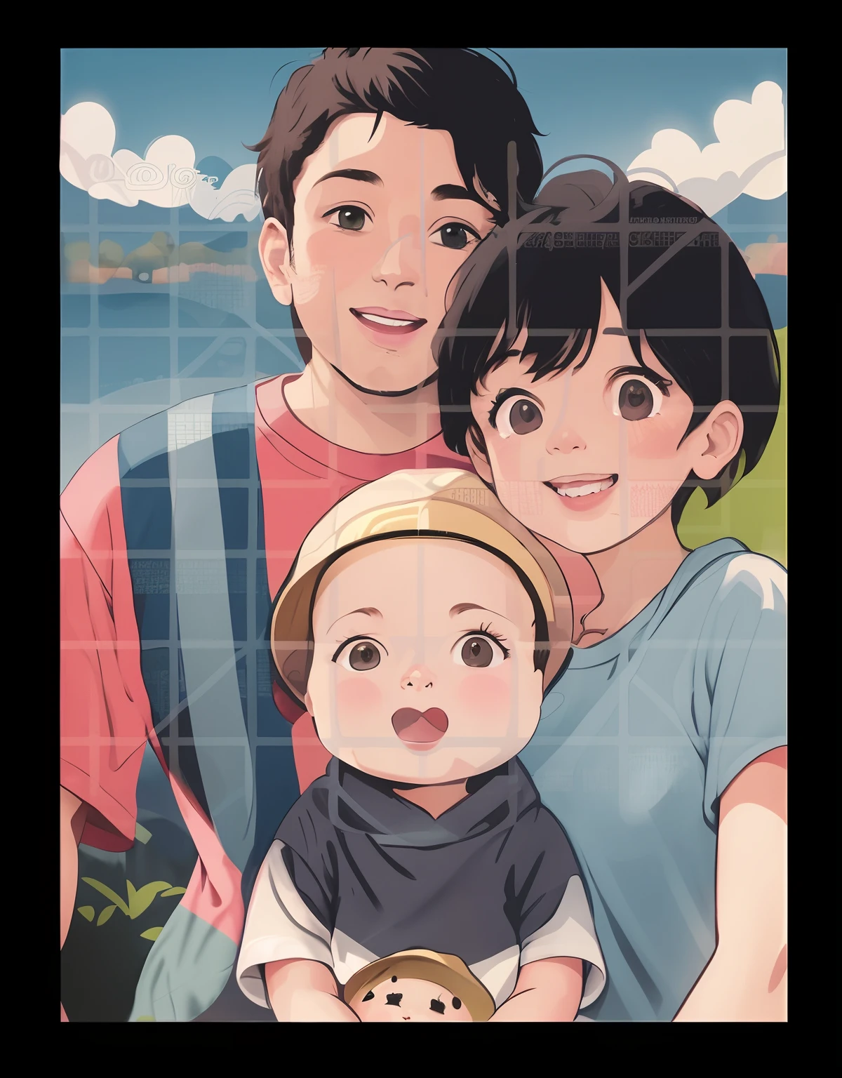 A 30-year-old man on the left, a woman with short hair on the right, a 3-year-old baby with a yellow hat in the middle, illustration