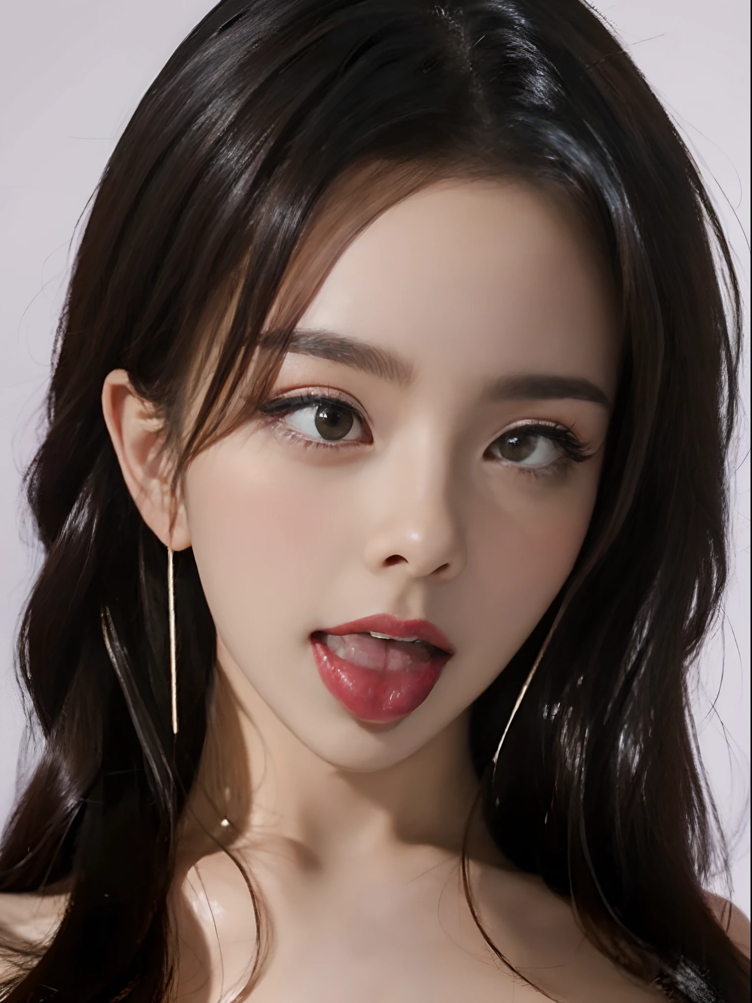 best qualtiy，tmasterpiece，超高分辨率，（realisticlying：1.4），RAW photogr，Wallpapers，photo of head，The skin，simplebackground，Black eyes，the detail，Stick out your tongue，eye closeup，（without hands），