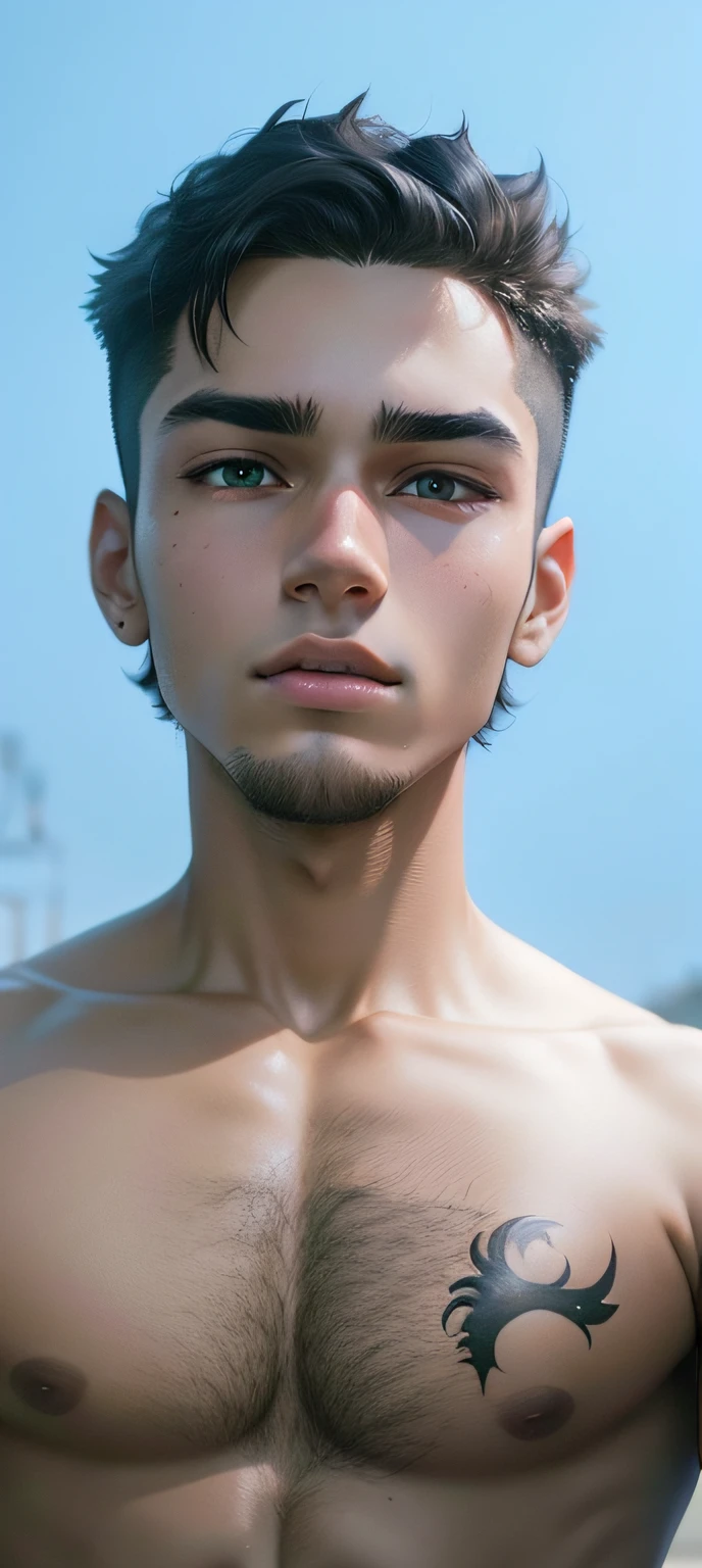 17 old brown boy , aesthetic bodey , anime style , similar to the image given , medium hair , male , hunter eyes