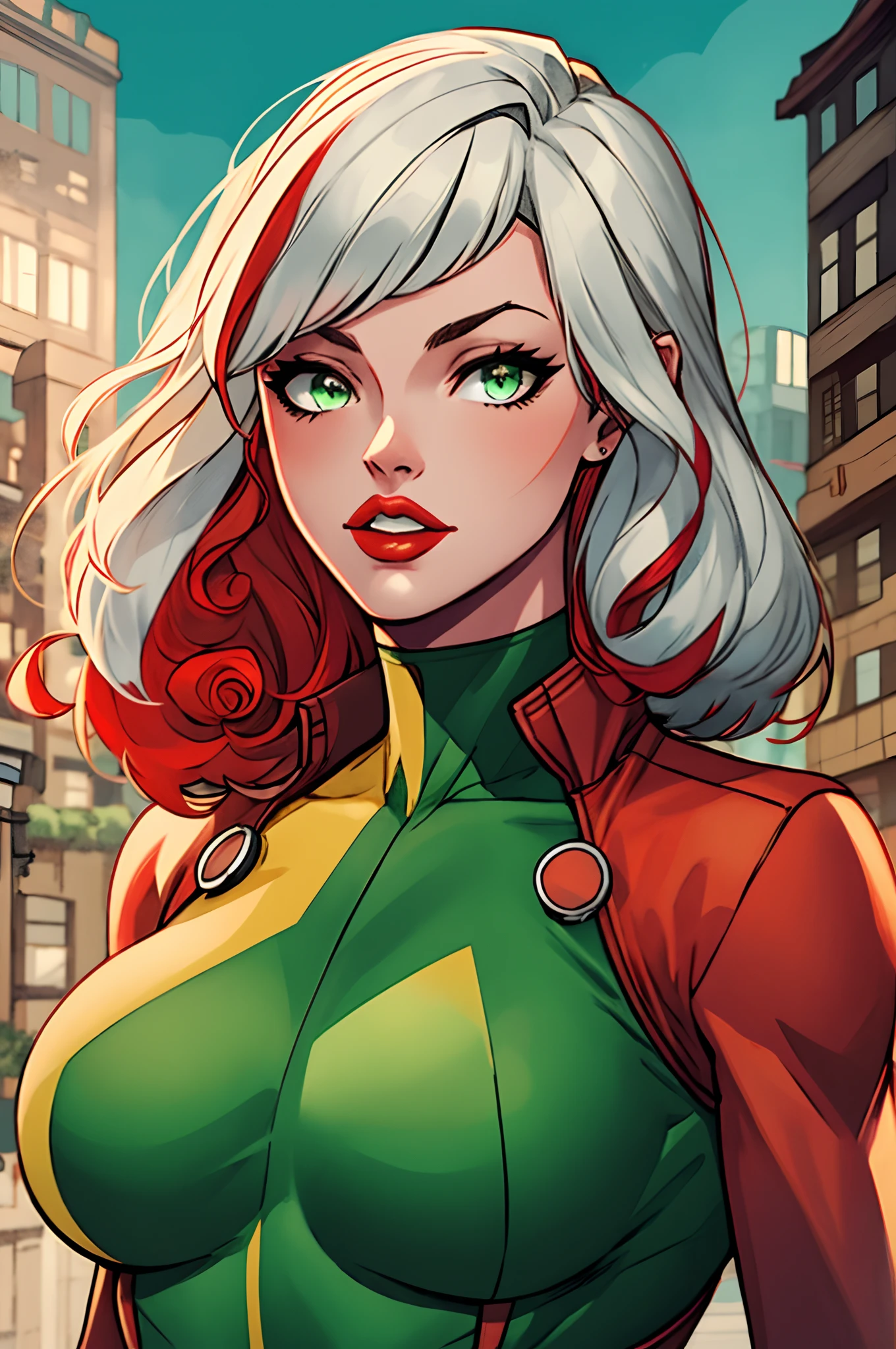 masterpiece, best quality, 1girl, red lips, solo, bomber jacket, green eyes, green and yellow body suit, curly hair, multicolored hair, white hair, red hair, auburn hair, two-tone hair,ombre , Rogue of the X-men, Anna Lebeau, bangs, side lighting, skiny skin, portrait, superhero,best illustration, city background,