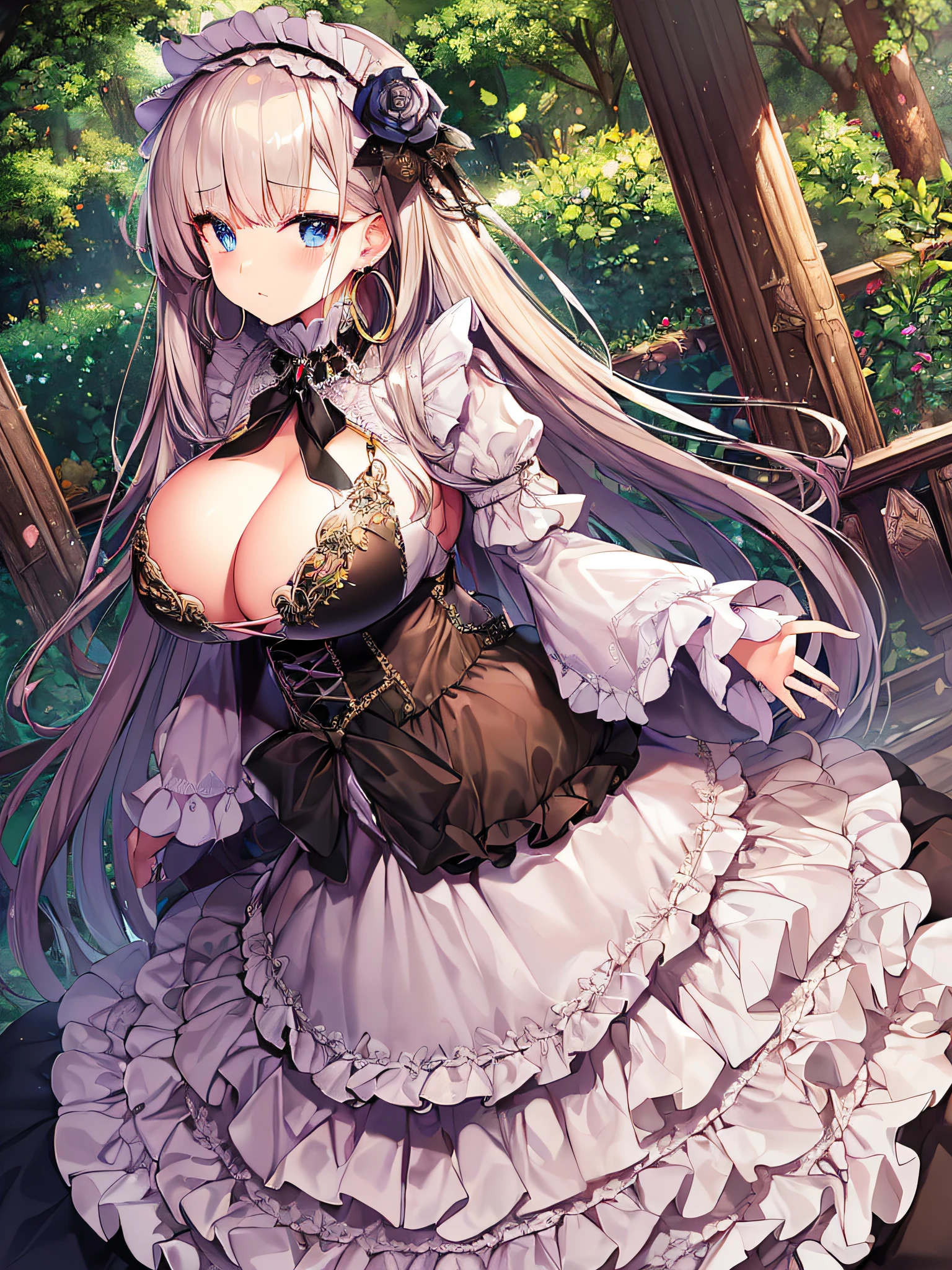 ((anime artstyle)),(Masterpiece),(Best Quality), (Super Detail),((Very Delicate and Beautiful)),(((Solo))),((full body)),(((1 princess in sweet lolita dress with voluminous full length hoop skirt))),((standing in garden)),Long train,(bling-bling gorgeous gemstone jewelry),detailed face and eyes,jewel-like eyes,cry,((large amount of straight hair,extremely voluminous Very Long Straight Hair)),((gigantic tits,Long tits)),cleavage,(gorgeousfull embroidery and lace),gorgeous corsage,See-through,((extremely gorgeousfull lolita hair ornament)),bling-bling extremely gorgeousfull jeweled tiara,ornate ruffles,beautiful embroidery,(hoop skirt,crinoline),flowers, flower petals flowing,((Dynamic Angle)),Looking at viewer,((full body)),sweet lolita dress with voluminous full length hoop skirt