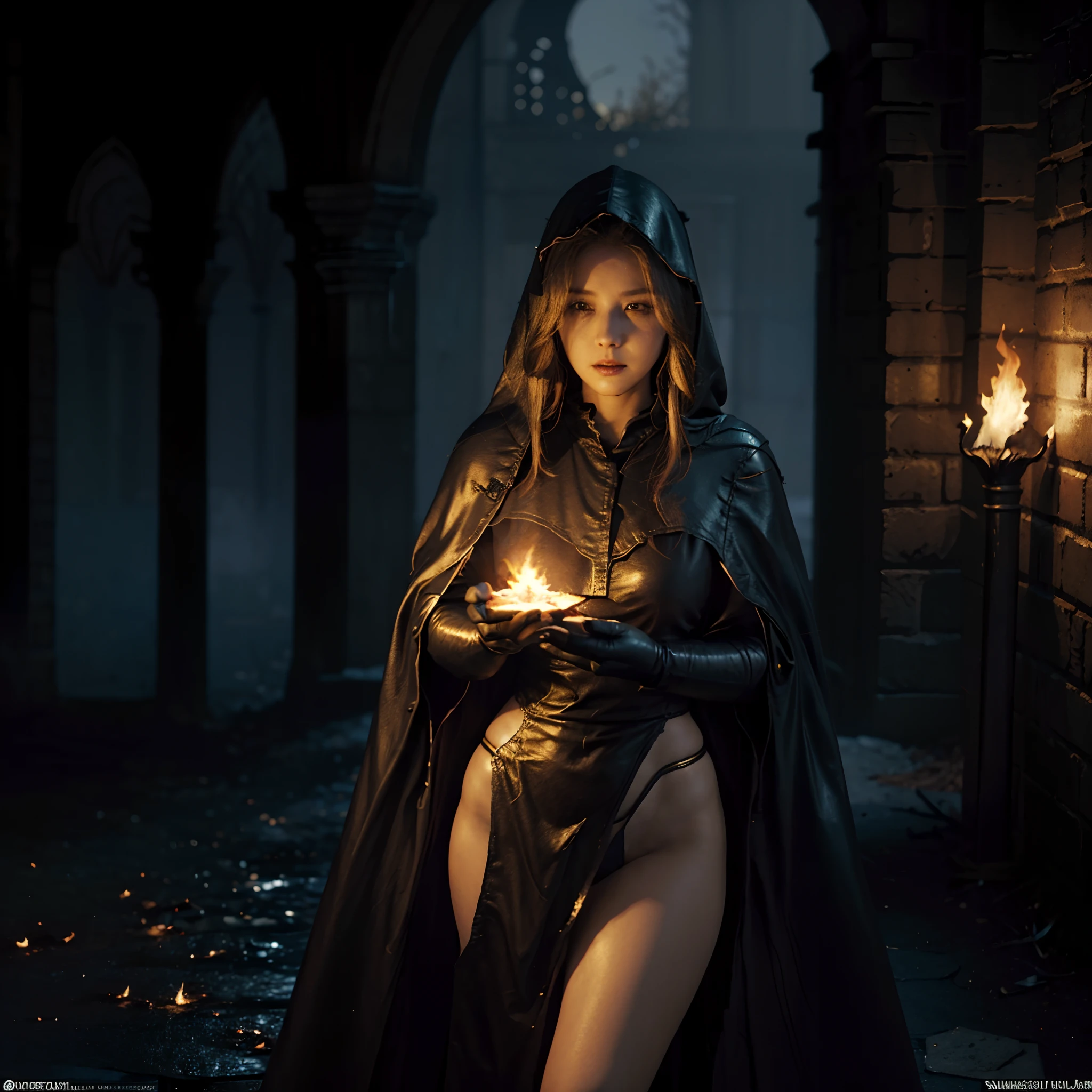 (Masterpiece, best_quality), 1girl, black_robe, golden_hair, golden_linings, Firekeeper_Dark_Souls_3, Dark_souls_3, Fire, Ashes, Shrine, Firelink_Shrine, underground, wide_hips, Somber_atmosphere, Vivid, bright, high_contrast, thick_thighs