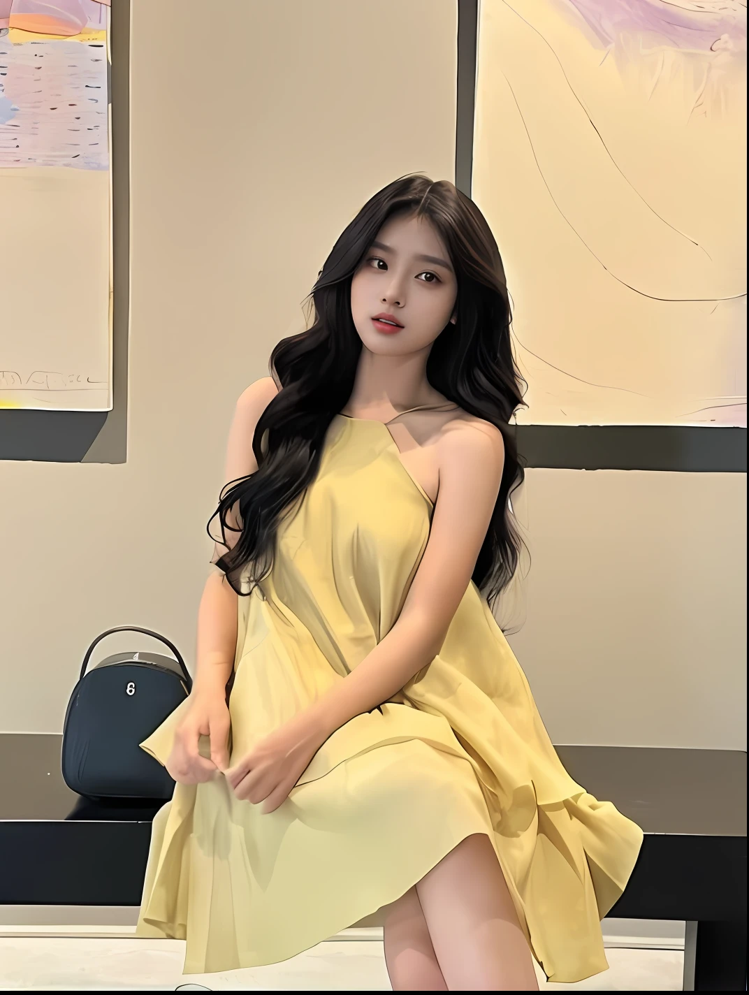 Arakfi woman sitting on bench in a yellow dress, Wearing wheat yellow gauze, lady using yellow dress, personal profile picture, slight yellow hue, soft silk dress, Bandeau dress, korean women's fashion model, ulzzangs, light half opened dress, Wearing a yellow dress, Gorgeous young Korean woman, yellow hue, Actress, bae suzy