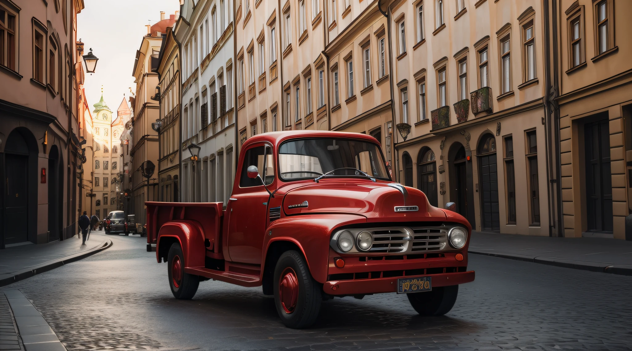 full figure distance picture of an nice polished 1960 European red small truck in an Prague street, highly detailed photography style, intricated details, cinematic lighting, contrast lighting, dslr, insanely intricate details, amazing fine detail, hyper detailed, sharp focus, ultra high res