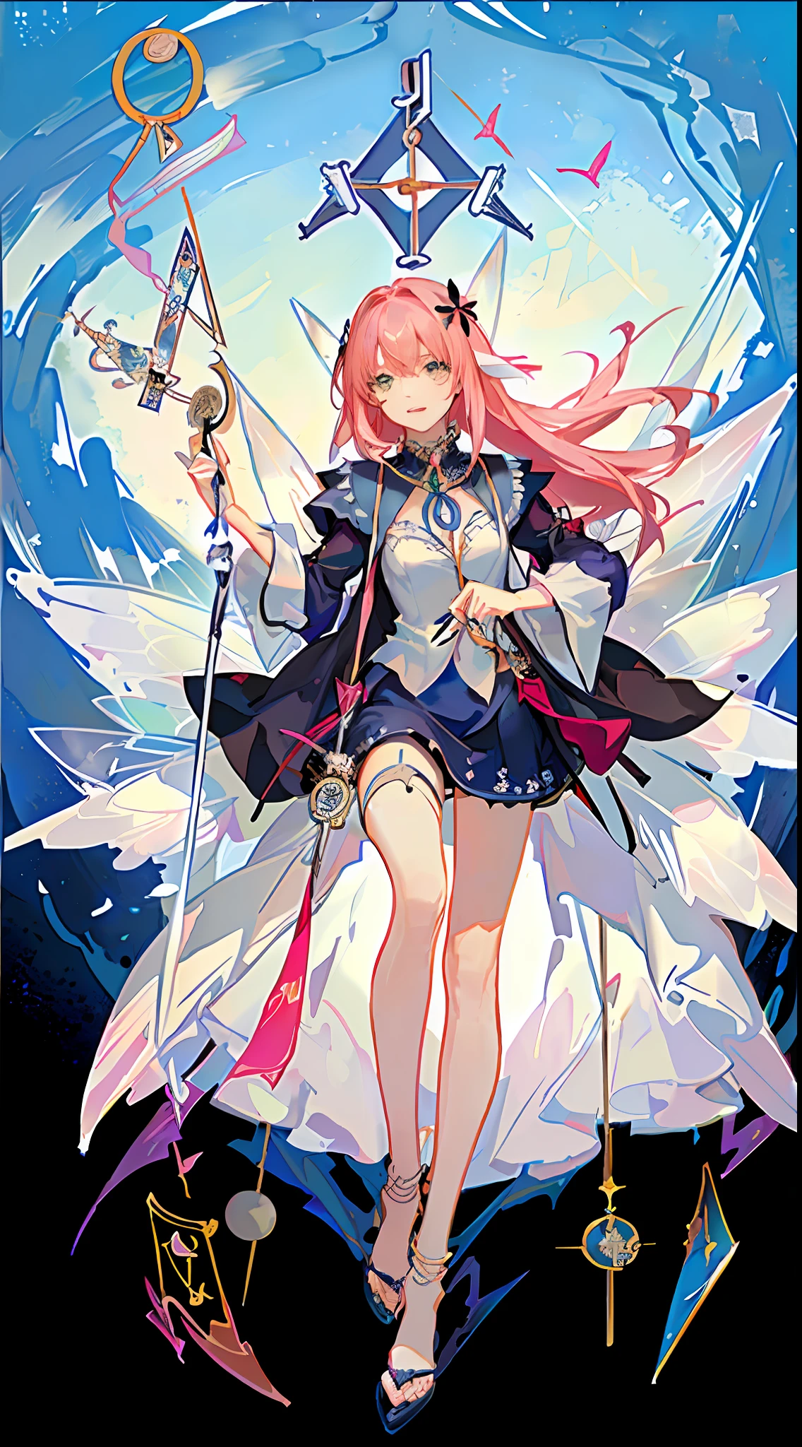 (Golden Ratio: 1.2), (Rose Graffiti: 1.2), (Glitch Color: 1.3), [(White Background: 1.4)::10], (Whole Body: 1.2), (Super Fine: 1.3), (Tarot :1.6),(Magician (Tarot):1.6),(Paper:1.2),(Fairy:1.6),(Fairy Wings:1.2),Full Body, Hanging,(Cool:1.2),(Red Long Hair ),(butterfly hair accessory),(flower hair accessory: 1.0),((sandals,Locket)),(colored cocktail dress: 1.0)+(loose-sleeve jacket: 1.3)+(fluttering colorful tassels and ribbons :1.2 ),(white stockings: 1.2),(colored ink paper flowers: 1.2),(colorful flower sea: 1.3),(chaotic geometry: 1.3),(negative space: 0.8),(drawing board: 1.3 ), (Ether Color ink flow: 1.3)
