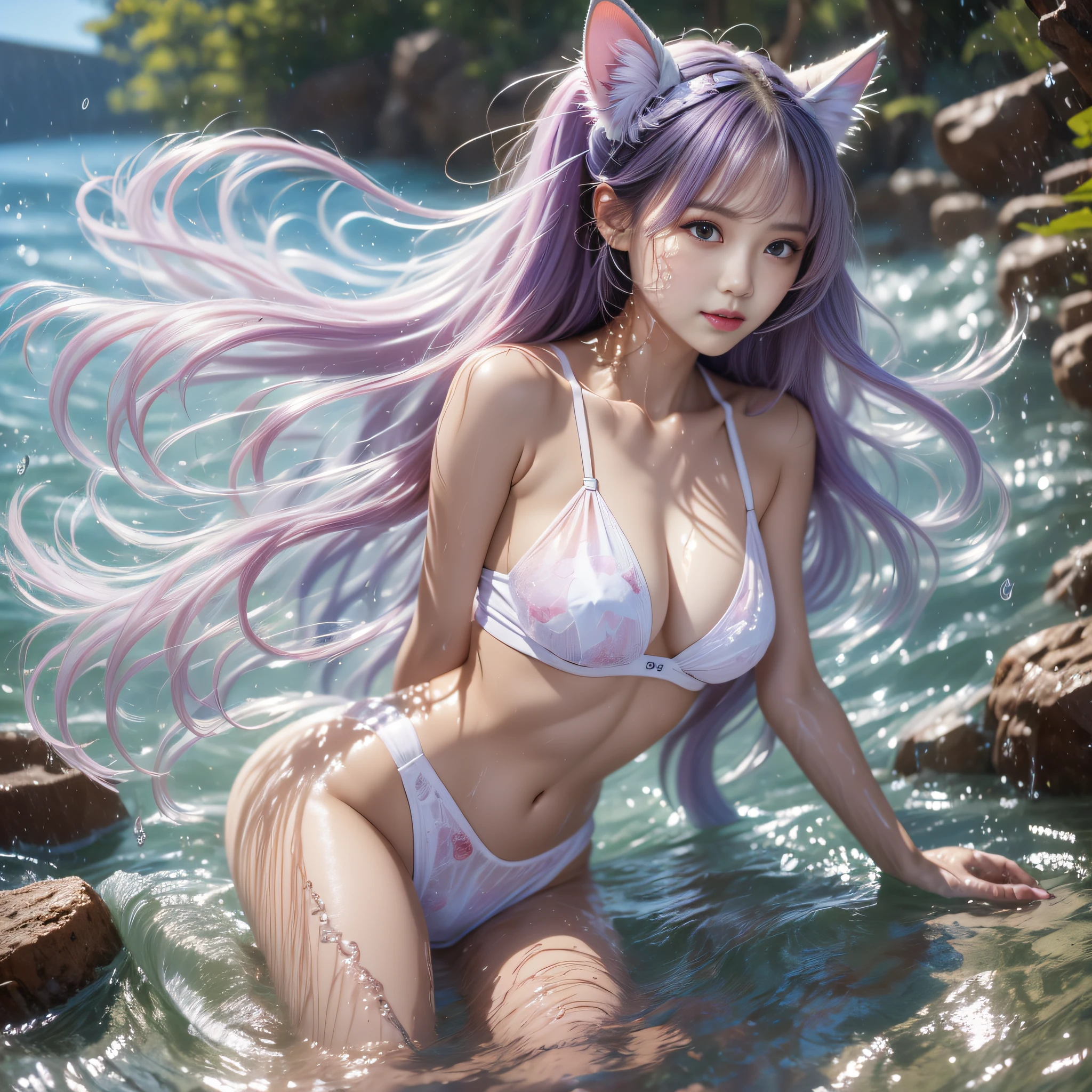 1girl cat ears,anime style,full body,potrait,outdoors,onsen,(solo),(wolf ear fluff),(long_hair),(messy_hair),(ponytail),ahoge,(crystal pink_hair),purple eyes,looking away,(half body under water),((wariza)),blush,((soaked)),(((wet clothes))),(white_shirt),, girl, solo, ,, (((masterpiece))), (((best quality))), ((ultra-detailed)), (illustration), (detailed light),((an extremely delicate and beautiful)),dramatic_shadow,ray_tracing,, ((masterpiece)), (((best quality))), ((ultra-detailed)), ((illustration)), dynamic angle,dynamic pose, dynamic pose,, Modern Cartoon,, ((beautiful detail light reflective water)),detailed face,((ultra-detailed)),shiny water,Masterpiece,best quality, beautifully painted,highly detailed,detailed clothes,detailed face,detailed eyes,detailed background, detailed skin,large masterpiece digital art, detailed manga illustration, finely detailed,HIGH RES,Stunning art,overexposure,{{{{ by Gaston Bussiere, by Sophie Anderson, by WLOP }}}},(((bow panties))), frilled bra ,, ((((by Paul Hedley)))),(beautiful detailed water), (beautiful detailed sky), ( fluttered detailed splashs),, by Karl Kopinski,momoko,cat ears,bingnvwang,pink mecha,1girl,glow