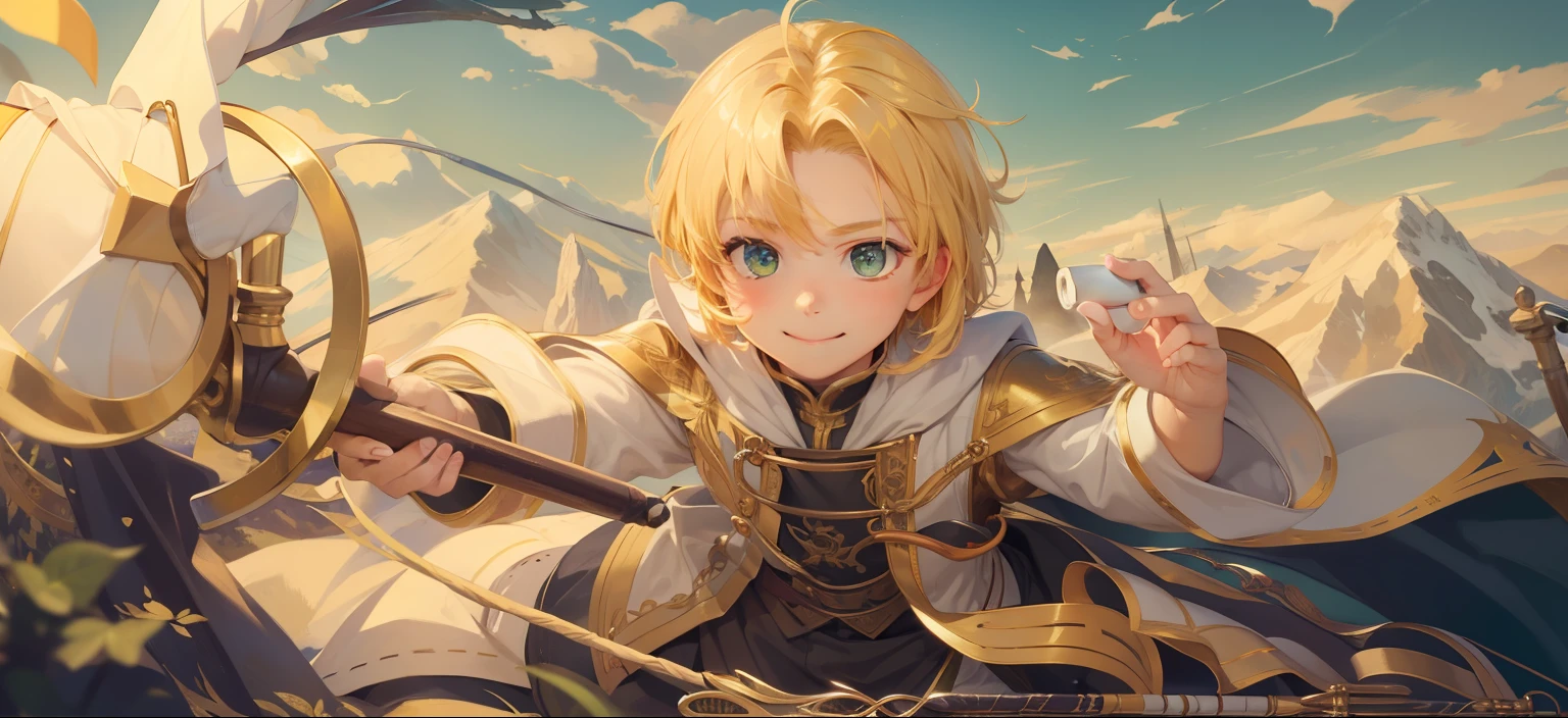 best quality, ultra detailed, masterpiece, add layer, a boy, having a long cane in his hand, smiling, plain and mountains behind, golden hair, yellow green eyes