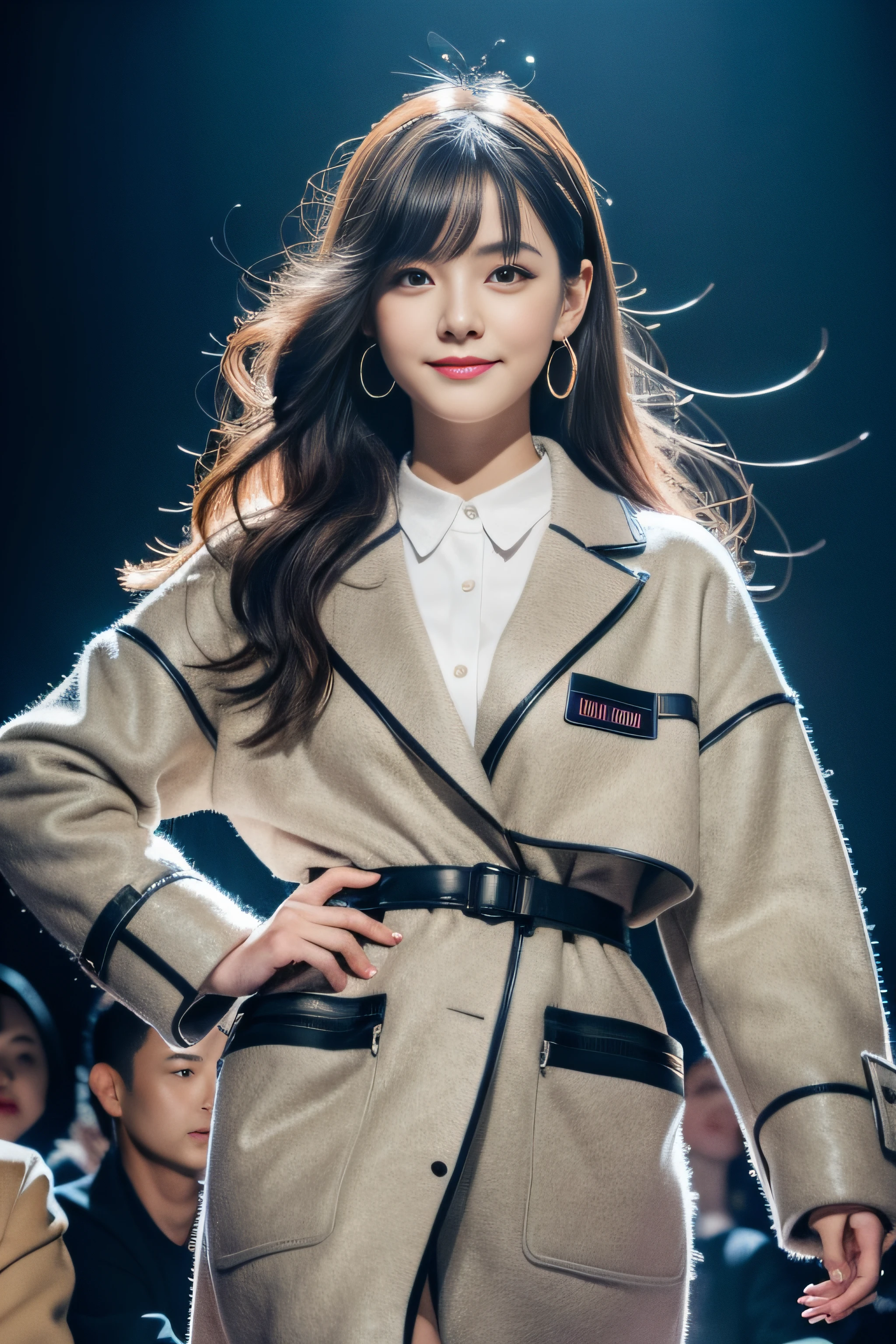 (8K分辨率,Full body photo in the distance,Over-leg bust photo,Realistic wallpapers),(1 female,18yr old,(Nana Kato's facial features:1.6,Broad skeletal cheeks,babyfat,s delicate face),com rosto detalhado,(Delicate Japanese makeup,Stage pop makeup),Lovely face,com rosto detalhado,详细的脸,Ultra-fine makeup,Black colored eyes,(Look into the distance),Big wavy long curly hair,(By bangs,Messy hair,Messy has layers),Redlip,Fair smooth skin,(Best Skin Type:1.21),mediuml breasts,(Gray large dress,Tweed coat,(materpiece:Niko coat,terylene,Lycra cotton,elasticity),Small ear ding,Fashion necklace,espadrilles),Tall and tall,perfect hand,Ultra-fine clothing material),(Stage catwalk,Exquisite stage details,(Vista view of the catwalk,Outdoor catwalk,Tokyo fashion show,neonlight,There were a lot of spectators in the audience,Model on the catwalk)),(exhilarated,confident smile,Rejoice),(Various stage lighting assistance,profesional lighting,动态照明),((Color uniformity,Reserved,ellegance,vivaciousness,(greys,white colors,purpleish color,blue colors,in pink))),(Golden section,Cinema lenses,Hasselblad photograp,tmasterpiece:1.3),(Pure,adolable,Sunny and lively,boisterous,Petite and lovely,boisterous,dream magical,Little woman,trendsetting,Street style,Artis,Art platform)