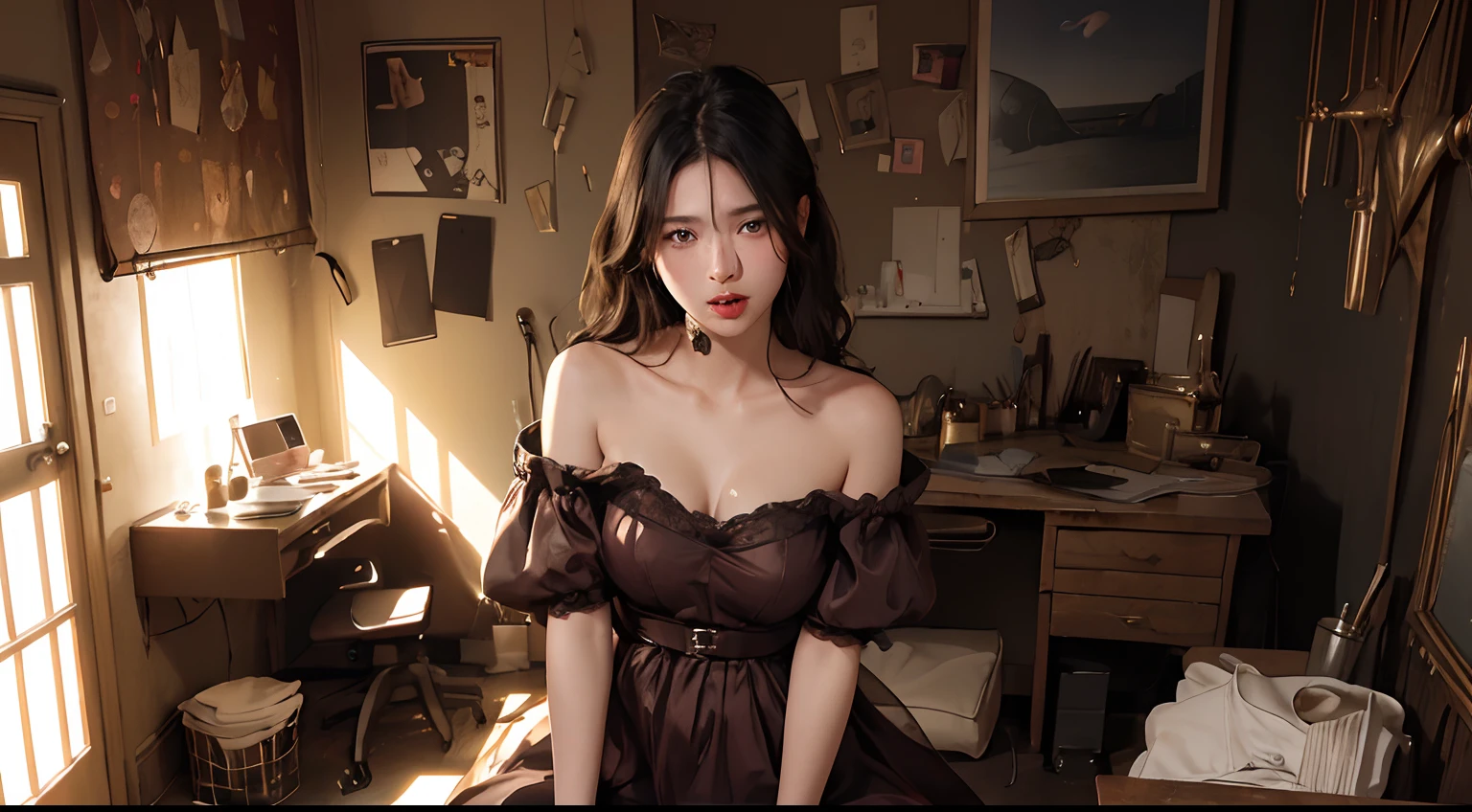 Detailed shiny skin、(realisitic、Photorealsitic:1.4)、1girl in、off shoulders、Dramatic lighting、Messy room、Seats、Sit on an object、(Opening of the mouth and tongue:1.2)、A detailed eye、droolng