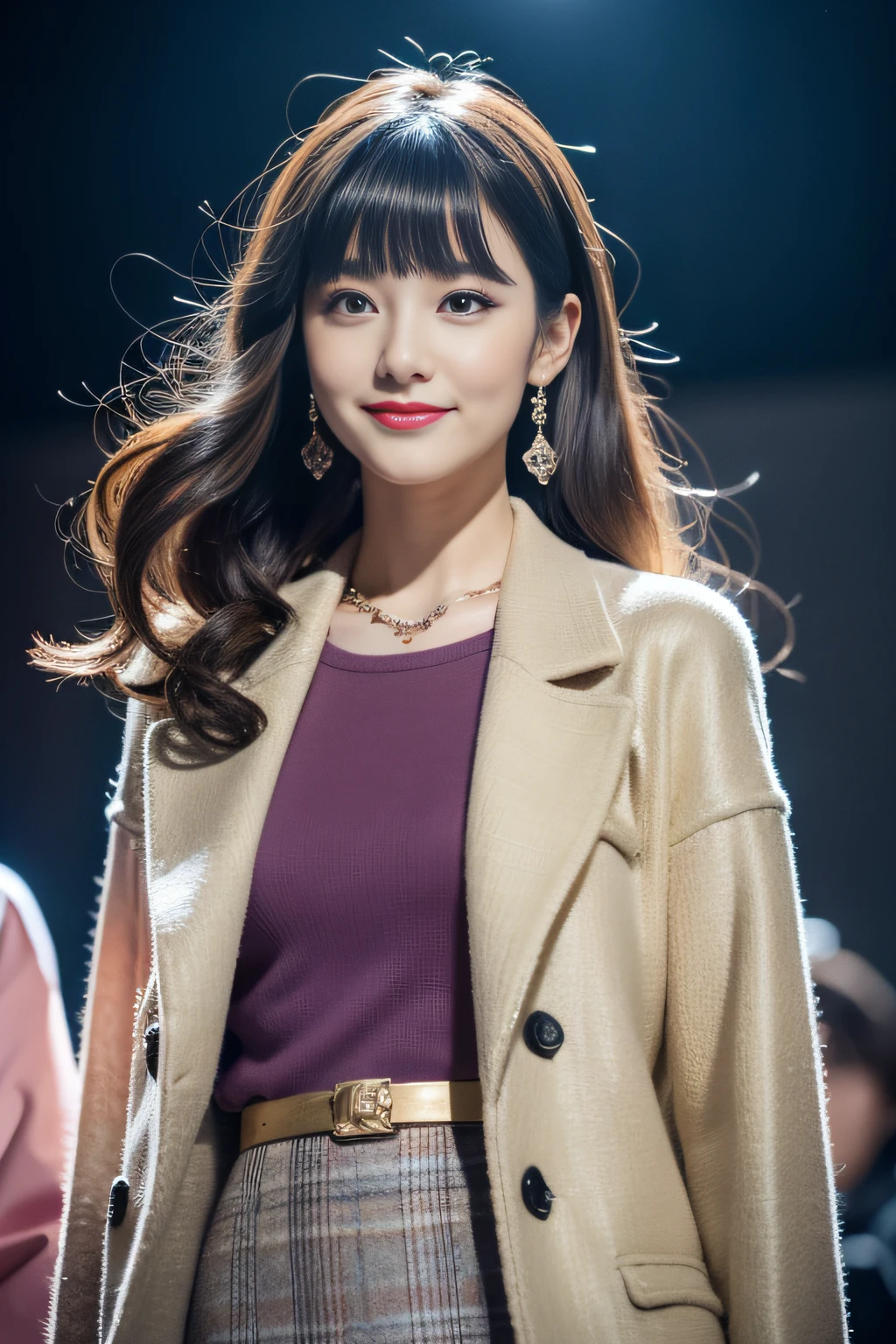(8K分辨率,Full body photo in the distance,Over-leg bust photo,Realistic wallpapers),(1 female,18yr old,(Nana Kato's facial features:1.6,Broad skeletal cheeks,babyfat,s delicate face),com rosto detalhado,(Delicate Japanese makeup,Stage pop makeup),Lovely face,com rosto detalhado,详细的脸,Ultra-fine makeup,Black colored eyes,(Look into the distance),Big wavy long curly hair,(By bangs,Messy hair,Messy has layers),Redlip,Fair smooth skin,(Best Skin Type:1.21),mediuml breasts,(Gray large dress,Tweed coat,(materpiece:Niko coat,terylene,Lycra cotton,elasticity),Small ear ding,Fashion necklace,espadrilles),Tall and tall,perfect hand,Ultra-fine clothing material),(Stage catwalk,Exquisite stage details,(Vista view of the catwalk,Outdoor catwalk,Tokyo fashion show,neonlight,There were a lot of spectators in the audience,Model on the catwalk)),(exhilarated,confident smile,Rejoice),(Various stage lighting assistance,profesional lighting,动态照明),((Color uniformity,Reserved,ellegance,vivaciousness,(greys,white colors,purpleish color,blue colors,in pink))),(Golden section,Cinema lenses,Hasselblad photograp,tmasterpiece:1.3),(Pure,adolable,Sunny and lively,boisterous,Petite and lovely,boisterous,dream magical,Little woman,trendsetting,Street style,Artis,Art platform)