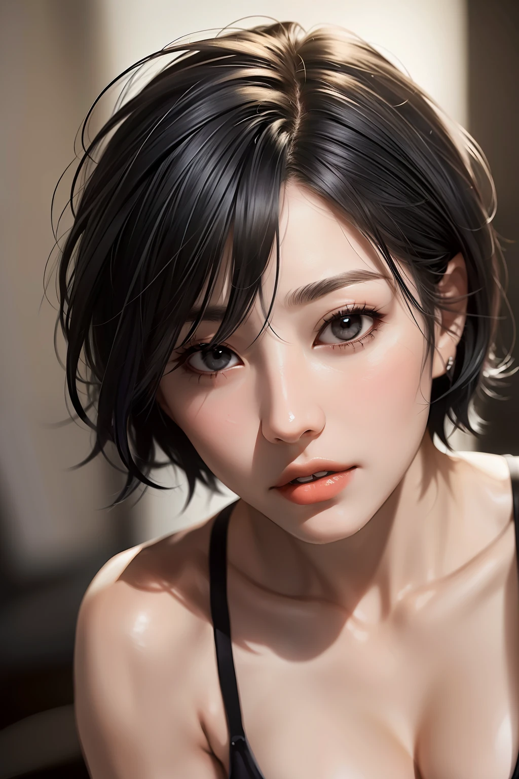 1girl, mikasa ackerman, (black hair:1.3), hair between eyes, short hair, sideburns, gray eyes, lips, cleavage, big breasts, close up, solo, lips, masterpiece, best quality,