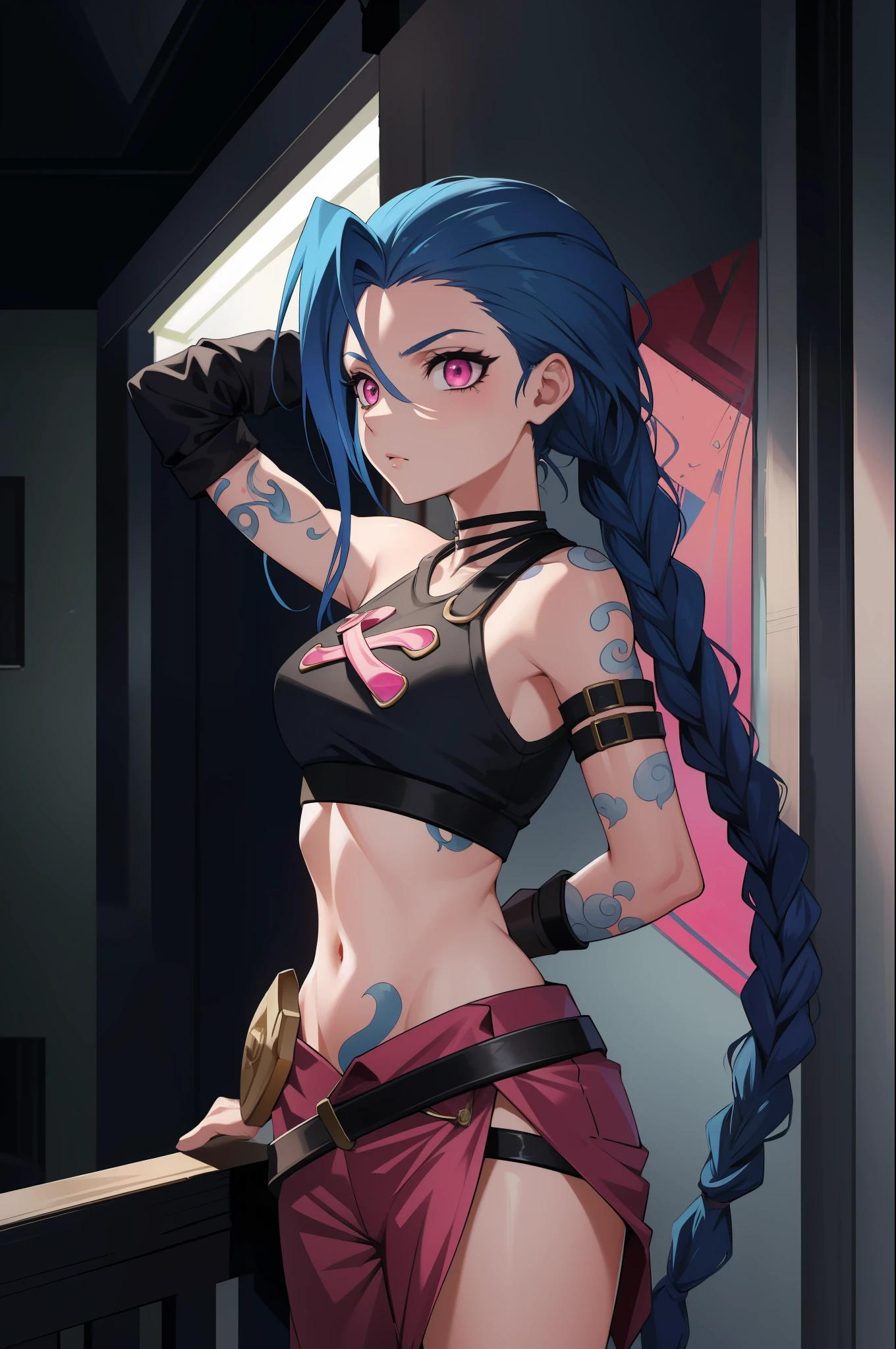 (A high resolution), (absurderes), (Best quality), (High quality), (Masterpiece), (1boy), , Glowing eyes, Pink eyes, Blue hair, Long hair, Double up braid, Jinx \(League of Legends\), arm tattoos, Crop top, Medium breasts, arms back behind,