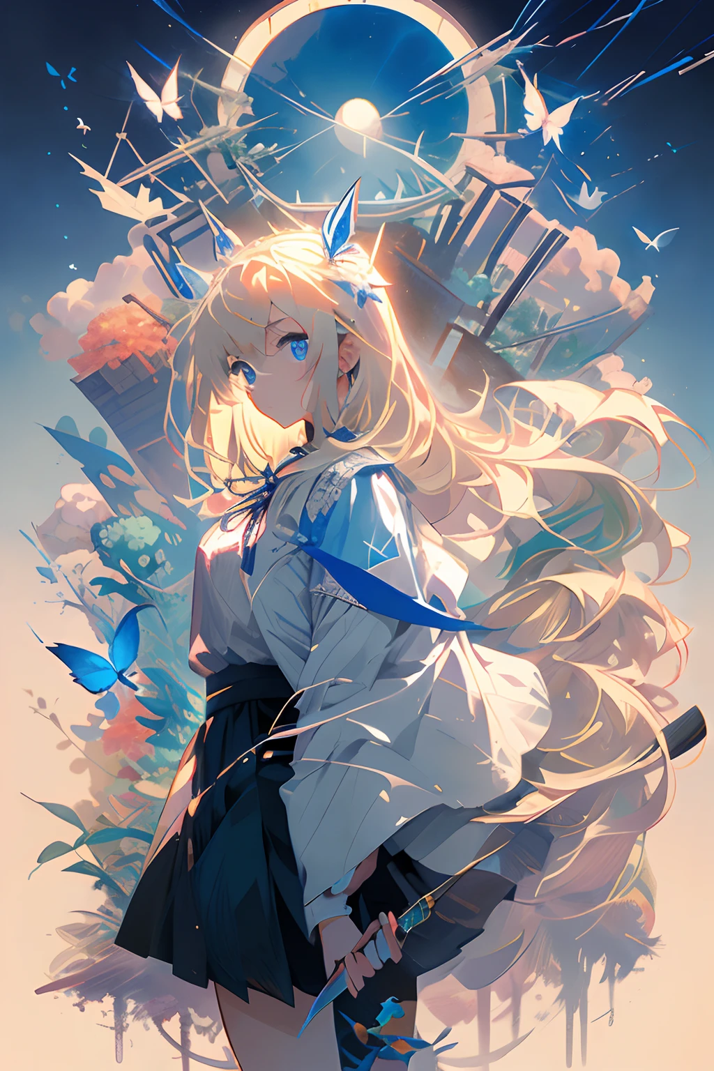 ,(tmasterpiece:1.2),best qualtiy,MIDJOURNEY,
1girll, 独奏,blonde with blue eyes,dual horsetail,Blue butterfly hairpin,white dresses,Holding a double knife,There is a blue ribbon on the handle,Moon background
